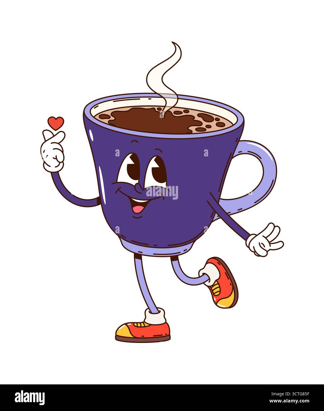 Cartoon groovige Kaffeetassen-Charakter mit lächelndem Gesicht, aufsteigendem Dampf und Fingerherz-Geste. Isolierte Vektor-violette Porzellan heiße Kaffeetasse Retro-Frühstückspersonal mit fröhlichem, nettem Gesicht Stock Vektor