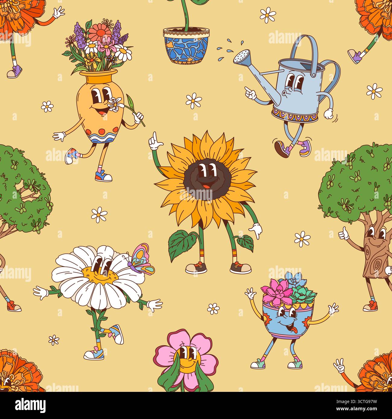 Groovige Hippie-Pflanzen und Blumen nahtloses Muster. Vektor-Fliesenhintergrund mit Bäumen, Blüten, Töpfen und Gießkanne mit fröhlichen Gesichtern und Retro-Schuhen. Das Y2K-Hippie-Motiv strahlt funkige Vintage-Vibes aus Stock Vektor