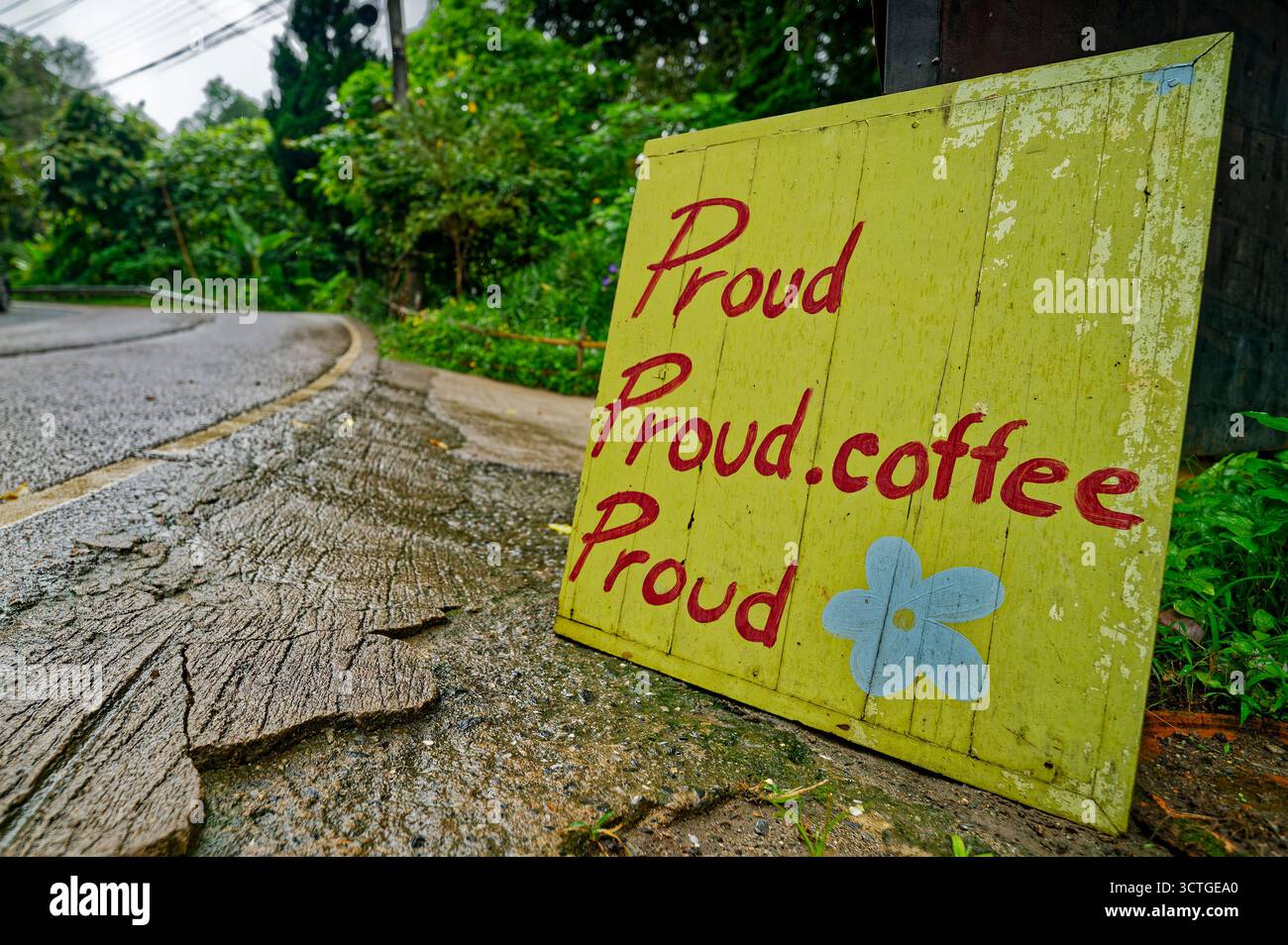 Stolzes Schild aus Coffe-Karton auf dem Weg nach Chiang Mai Stockfoto