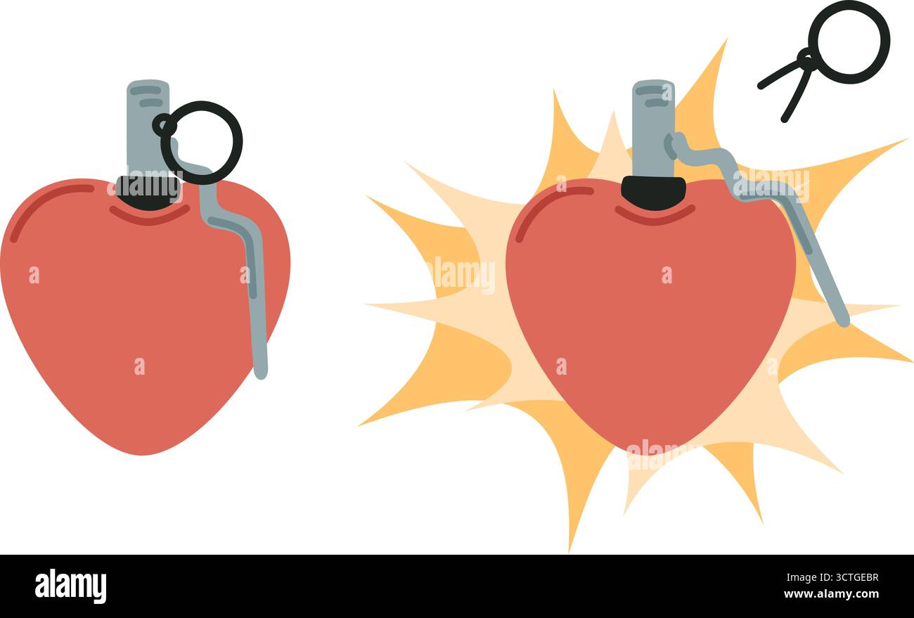 Herzförmige Armee-Fragmentierungsgranate. Love Bomb. Romantische Gefühlsexplosion. Amour und Leidenschaft. Schießpulver-Detonation. Sprengstift Dynamit Stock Vektor