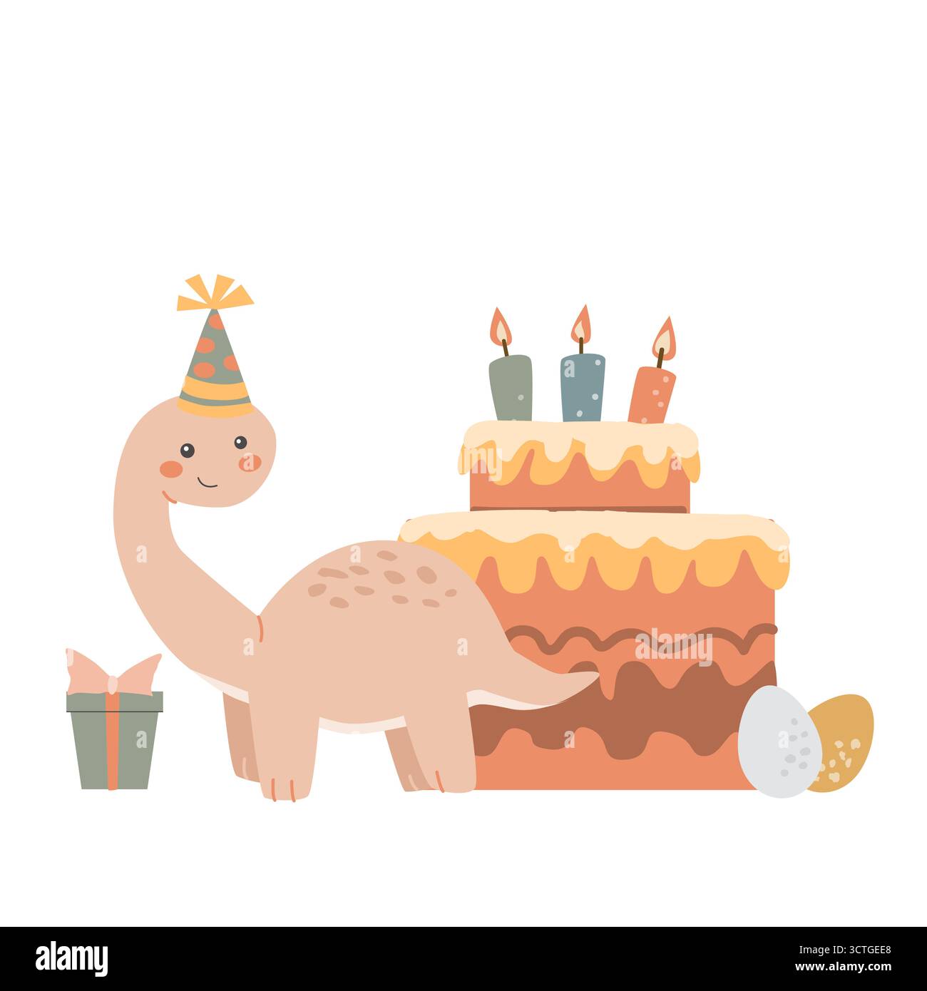 Niedlicher Dinosaurier mit Geburtstagskuchen und Kerzenfeier im Cartoon-Stil. Stock Vektor