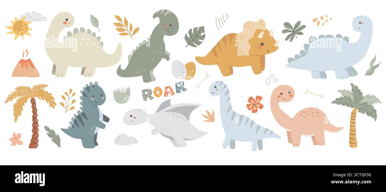 Cartoon-Dinosaurier mit Pflanzen und Vulkan in einer farbenfrohen prähistorischen Szene. Stock Vektor