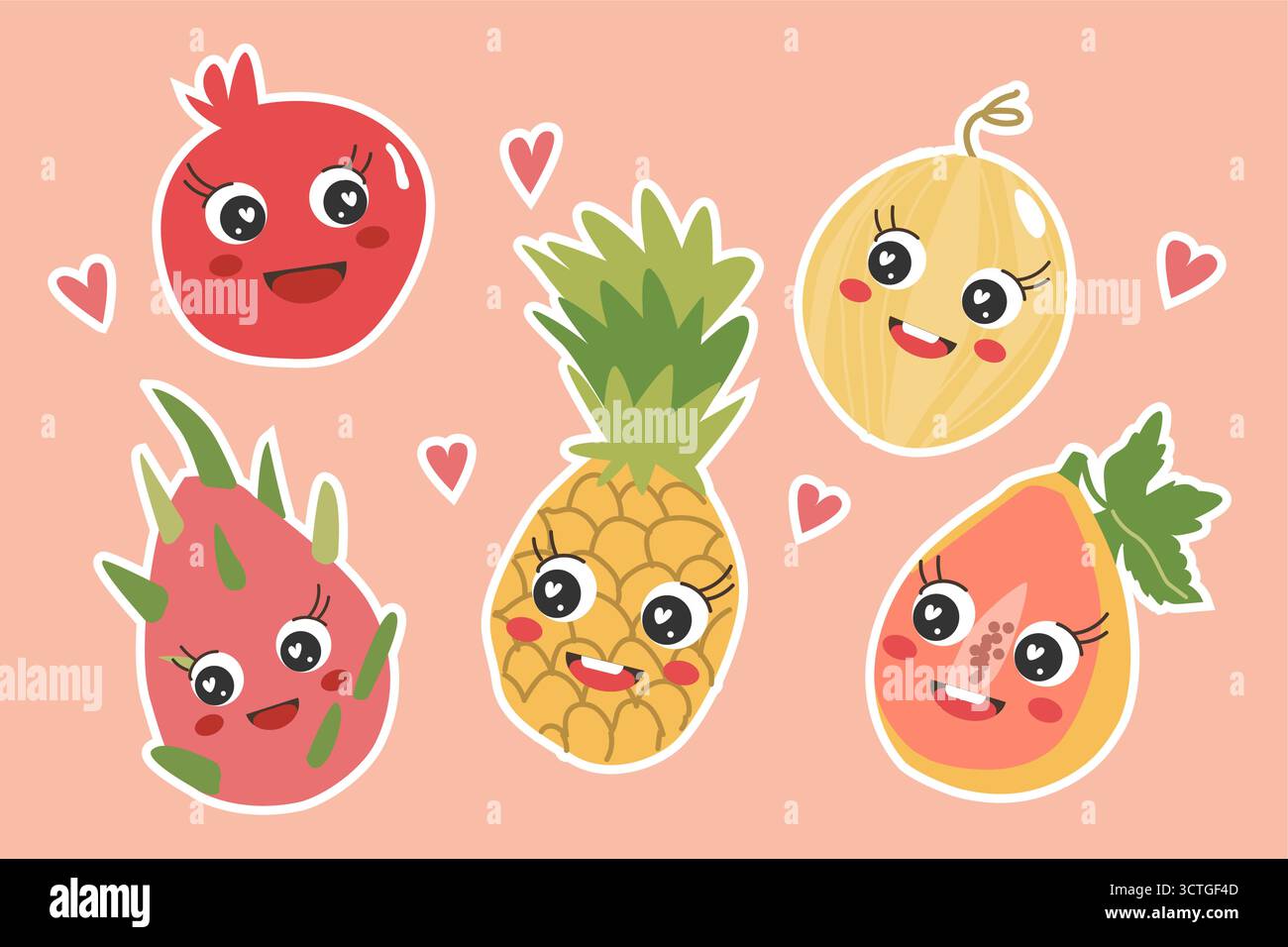 Niedliche Sticker-Kollektion mit tropischen Früchten im Kawaii-Cartoon-Stil. Entzückend lächelnde Charaktere wie Drachenfrucht (Pitahaya), Ananas, Melone, Granatapfel Stock Vektor
