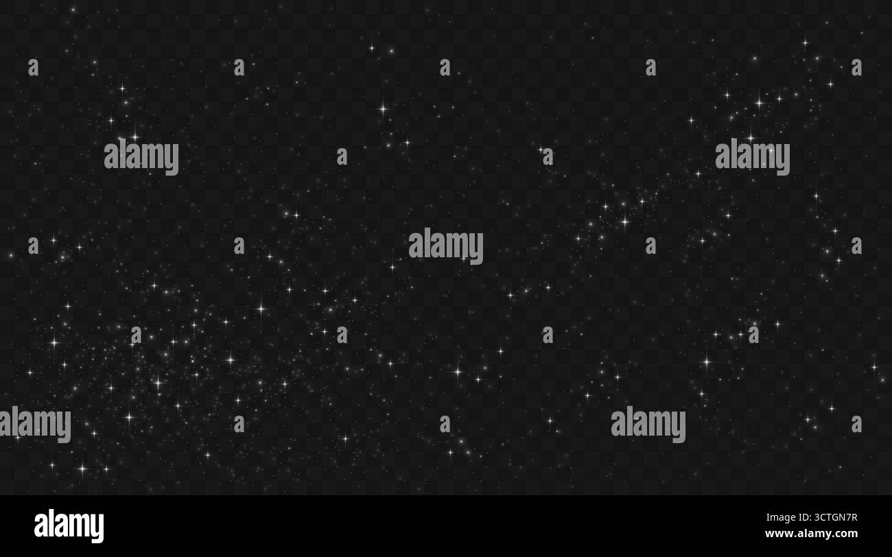 Sternenhintergrund mit Schimmer-Effekten und Bokeh-Lichtpartikeln auf dunkler Oberfläche – verstreute helle Punkte in kosmischer Atmosphäre. Himmlische Texturelemente für Astronomie oder magische Designs. Stock Vektor