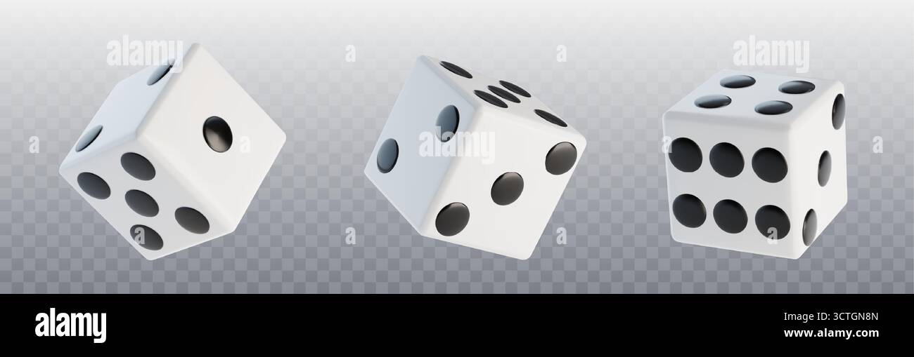 Weiße Würfel mit schwarzen Punkten für 3D-Spielmechanik und Casino-Unterhaltung auf transparentem BG. Kubische Spielobjekte mit verschiedenen Zahlenkombinationen. Spielsteine und Wahrscheinlichkeitswerkzeuge. Stock Vektor