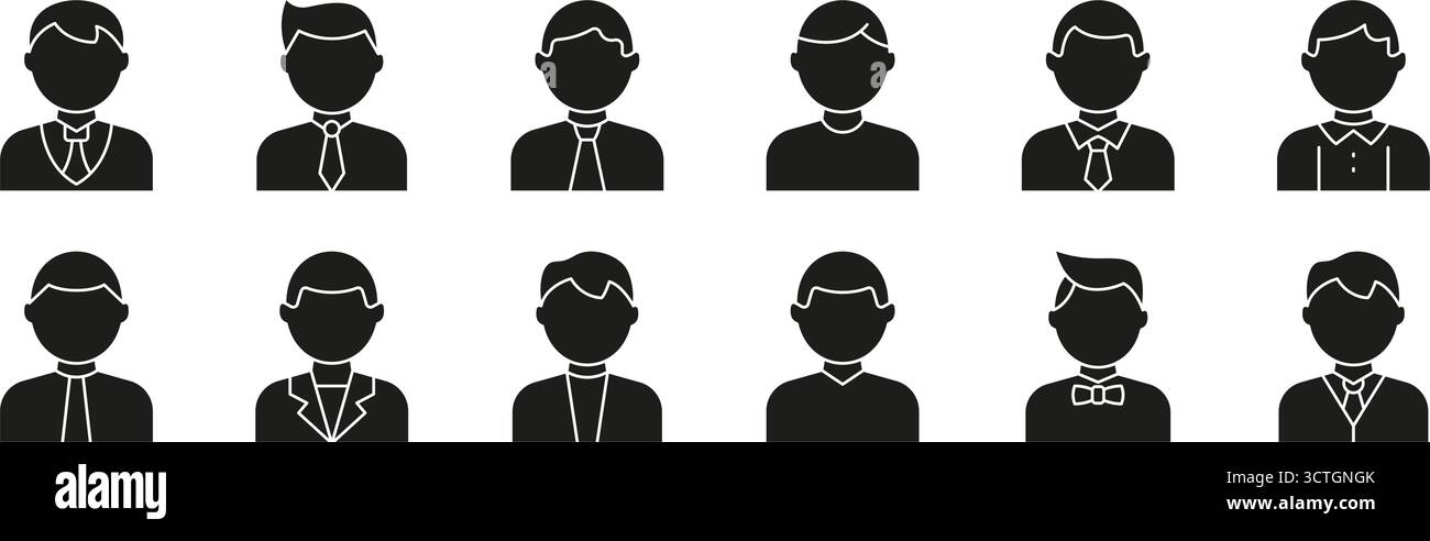 Männlicher Avatar-Icon mit Office-Outfits und lässigen Profilen Solid-Icon-Set. Symbole für Geschäftszeichen für Identitäts-, Kontakt- und Teamschnittstelle Stock Vektor