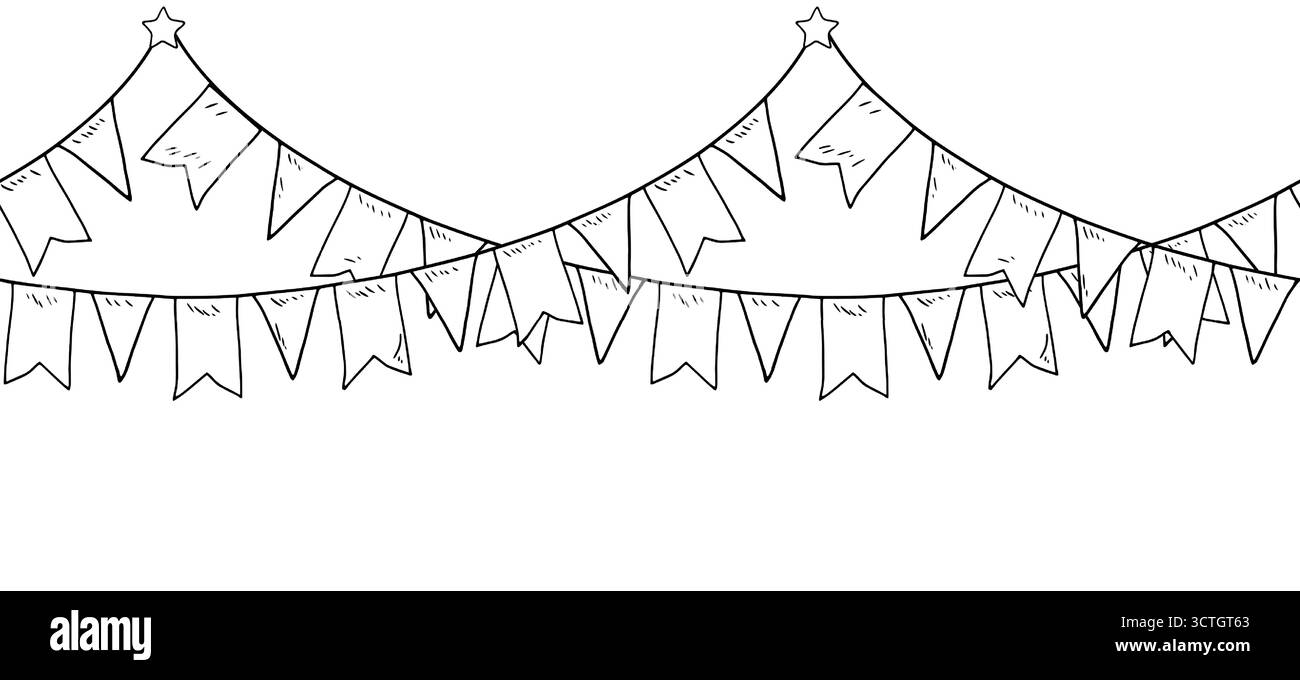 Flaggengirlande, Skizze. Vektorabbildung. Festliche Girlande, nahtlose horizontale Grenze, isoliert auf weißem Hintergrund. Thema Neujahr, Weihnachten, BI Stock Vektor