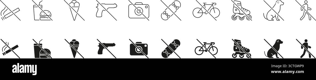 Symbolgruppe Für Verbotene Aktivitäten. Rauchen verboten, Fast Food, Waffen, Skateboarden und Radfahren, Hundebeschränkungen Symbole. Regeln Für Öffentlichen Bereich. Isoliert Stock Vektor