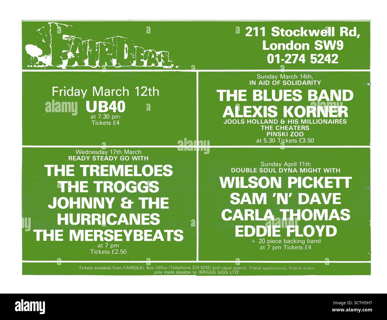 Fair Deal in Stockwell Road, London, Konzertanzeigen passen 1982. UB40, The Blues Band, Alexis Korner, Jools Holland, Tremeloes, Troggs, Wilson Pickett, Sam n Dave, Carla Thomas, Eddie Floyd. Das Brixton Astoria wurde 1981 als Rock-Veranstaltungsort „Fair Deal“ mit einem Konzert von UB40 und einer Restaurierung des Innenraums wiedereröffnet. Der Veranstaltungsort wurde 1982 aufgrund von Schulden geschlossen. 1983 wurde sie als Brixton Academy wiedereröffnet. Stockfoto