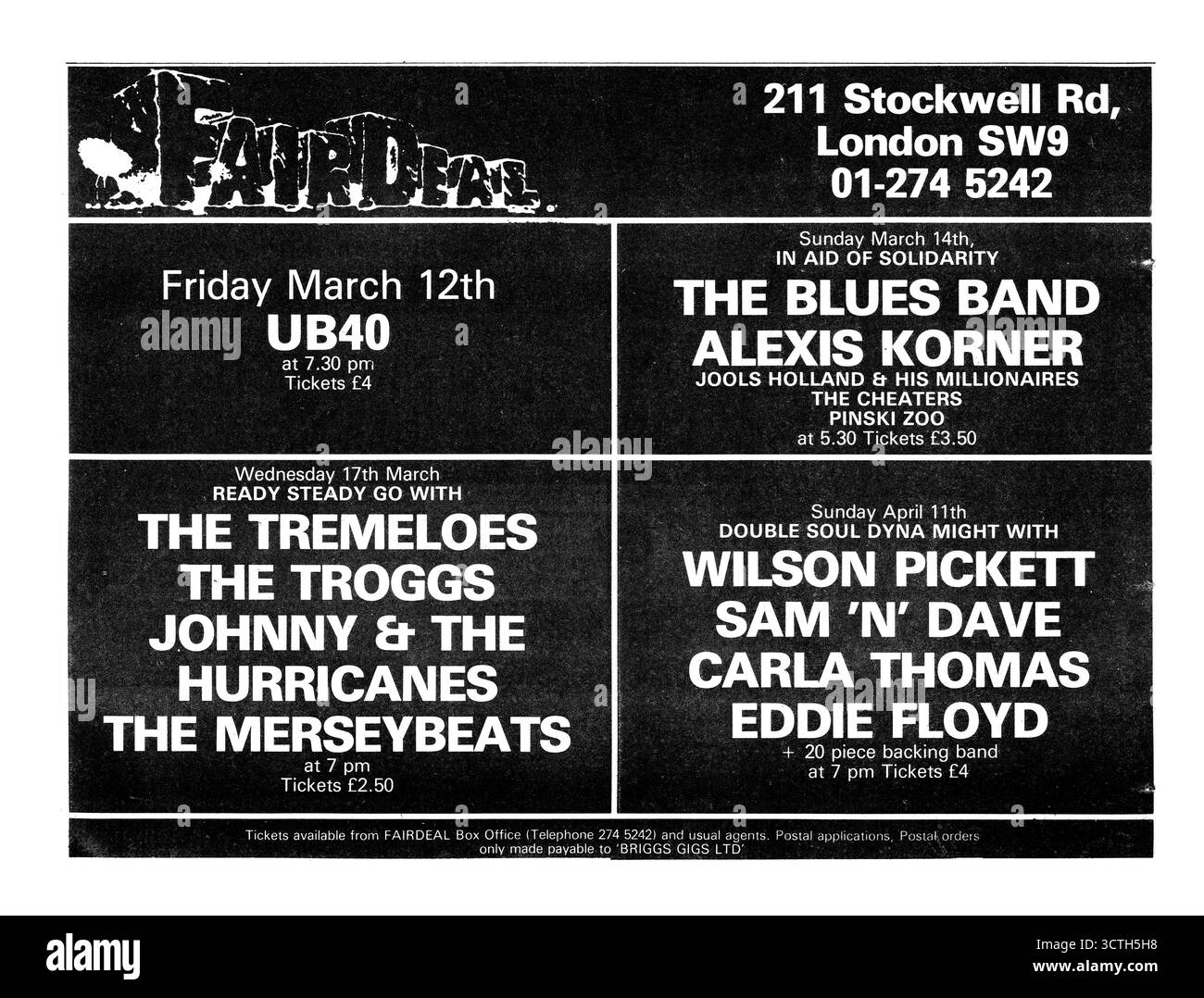 Fair Deal in Stockwell Road, London, Konzertanzeigen passen 1982. UB40, The Blues Band, Alexis Korner, Jools Holland, Tremeloes, Troggs, Wilson Pickett, Sam n Dave, Carla Thomas, Eddie Floyd. Das Brixton Astoria wurde 1981 als Rock-Veranstaltungsort „Fair Deal“ mit einem Konzert von UB40 und einer Restaurierung des Innenraums wiedereröffnet. Der Veranstaltungsort wurde 1982 aufgrund von Schulden geschlossen. 1983 wurde sie als Brixton Academy wiedereröffnet. Stockfoto