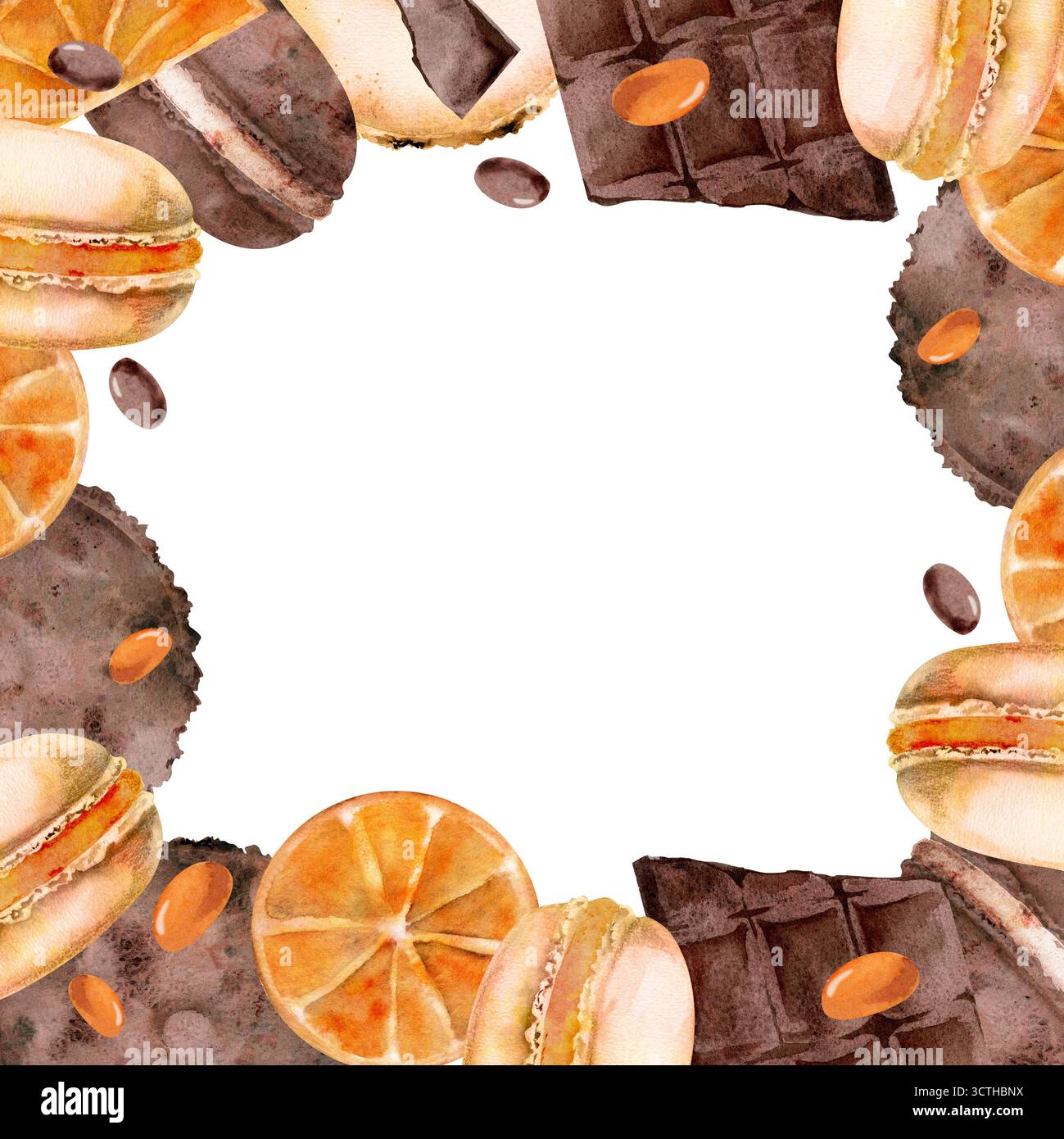 Gourmet-Makronen mit leuchtenden Orangenscheiben, Schokoladenchips, Kakaobonbons. Aquarell handgemalte Illustration, isolierter Kranz. Handwerkliche Bäckerei Stockfoto