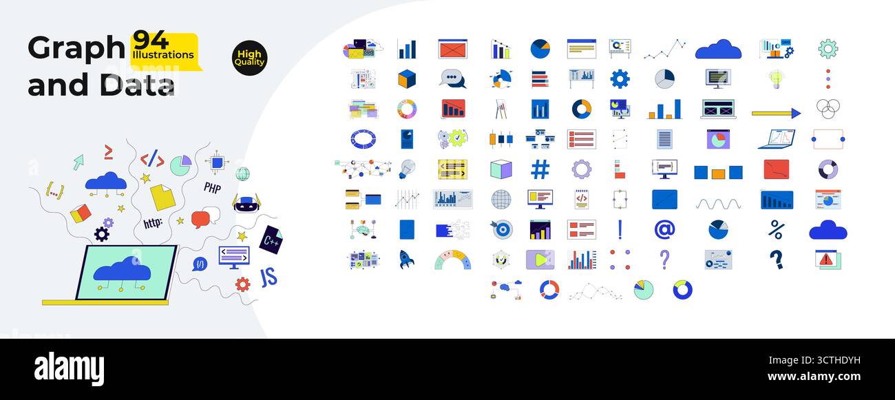 Diagramme, Diagramme und Datenvisualisierung Comic Flat Illustrations Mega Bundle Stock Vektor