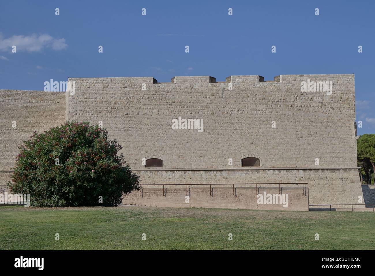 Alte Burgmauer aus Stein mit Zinnen und grünem Busch an sonnigen Tagen, historische mittelalterliche Architektur Stockfoto