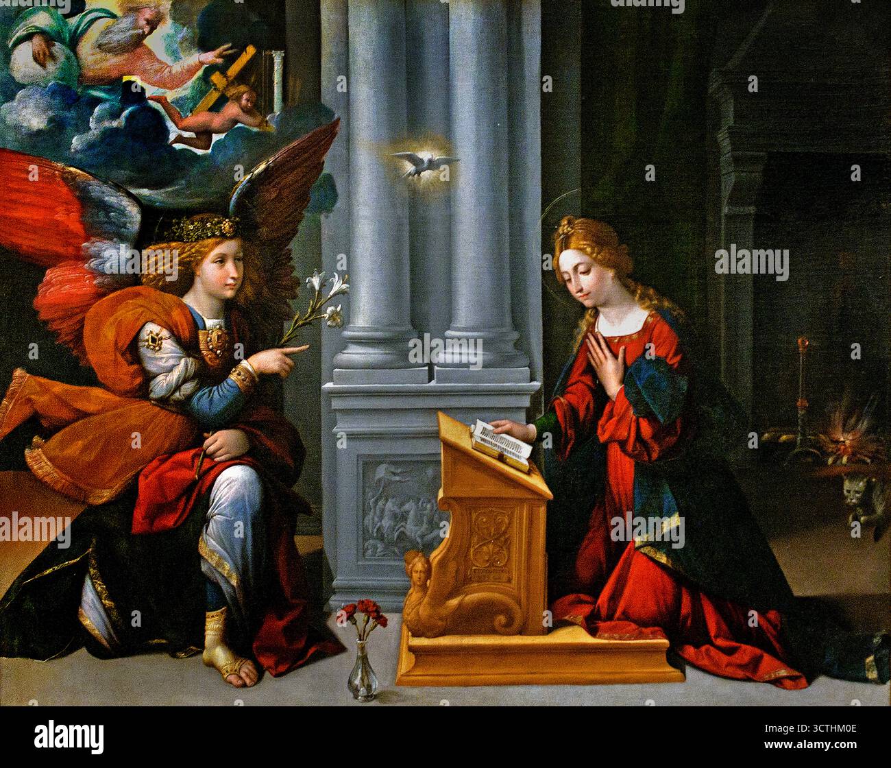 Verkündigung (1528) Garofalo - Benvenuto Tisi (oder Il Garofalo) (1481 – 1559 Italien Italienische Verkündigung, Selig, Jungfrau Maria, die Ankündigung durch den Engel Gabriel, Maria, dass sie empfangen würde, einen Sohn durch eine, jungfräuliche Geburt zu gebären, die, Mutter von Jesus Christus, christlichen Messias und Sohn Gottes, Menschwerdung, Stockfoto