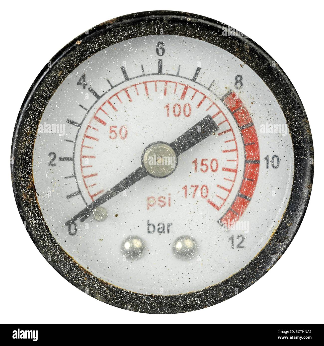 Altes industrielles Manometer, transparenter Hintergrund Stockfoto