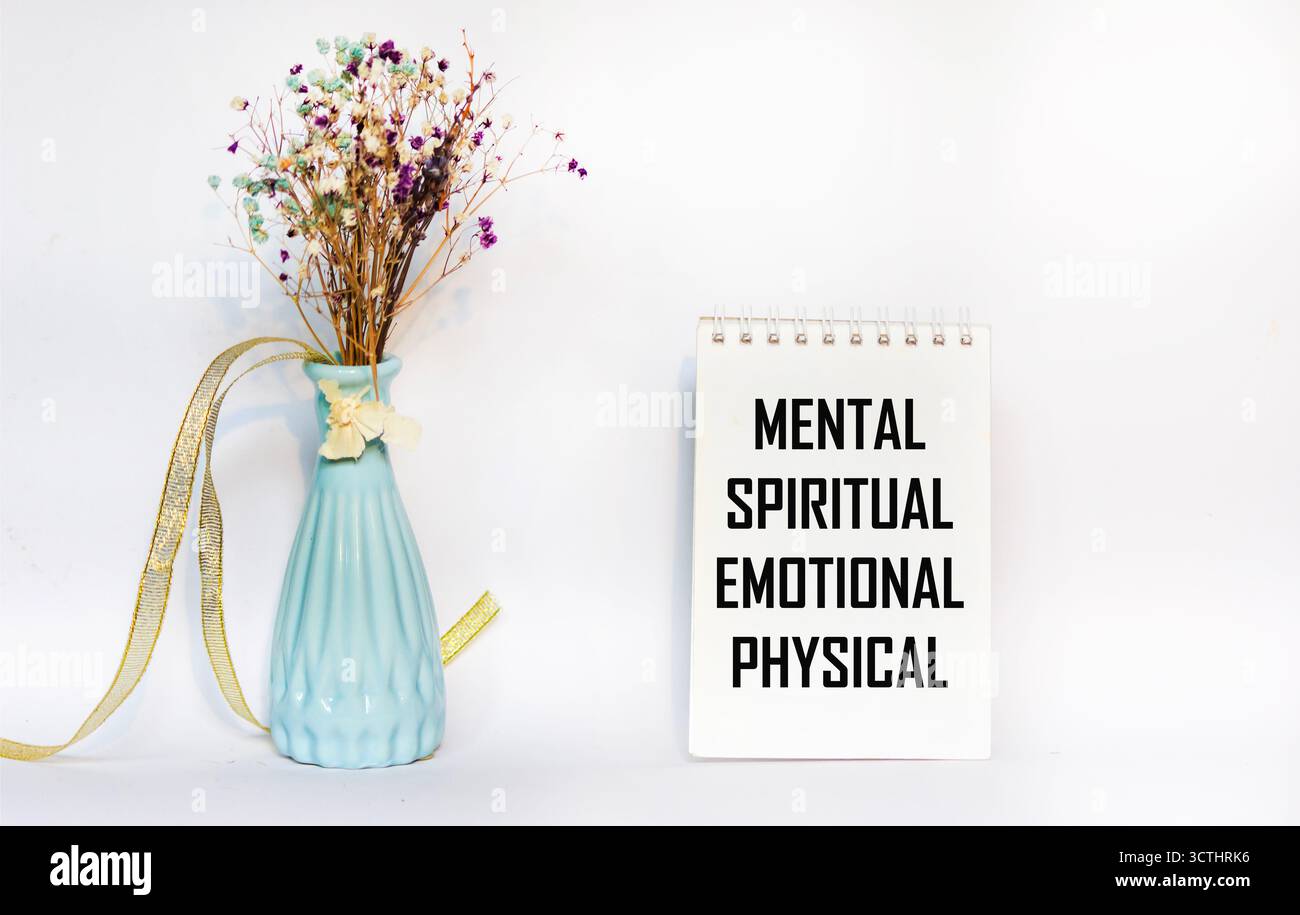 Geistig spirituell emotional körperlich, geschrieben auf einem Notizbuch Stockfoto