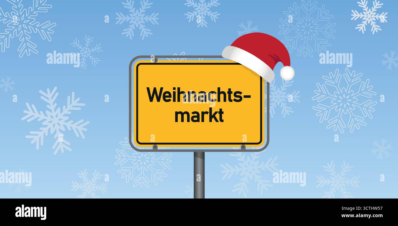 Platzieren Sie Schild mit deutschem Wort weihnachtsmarkt in der verschneiten Winterlandschaft Vektor-Illustration Stock Vektor