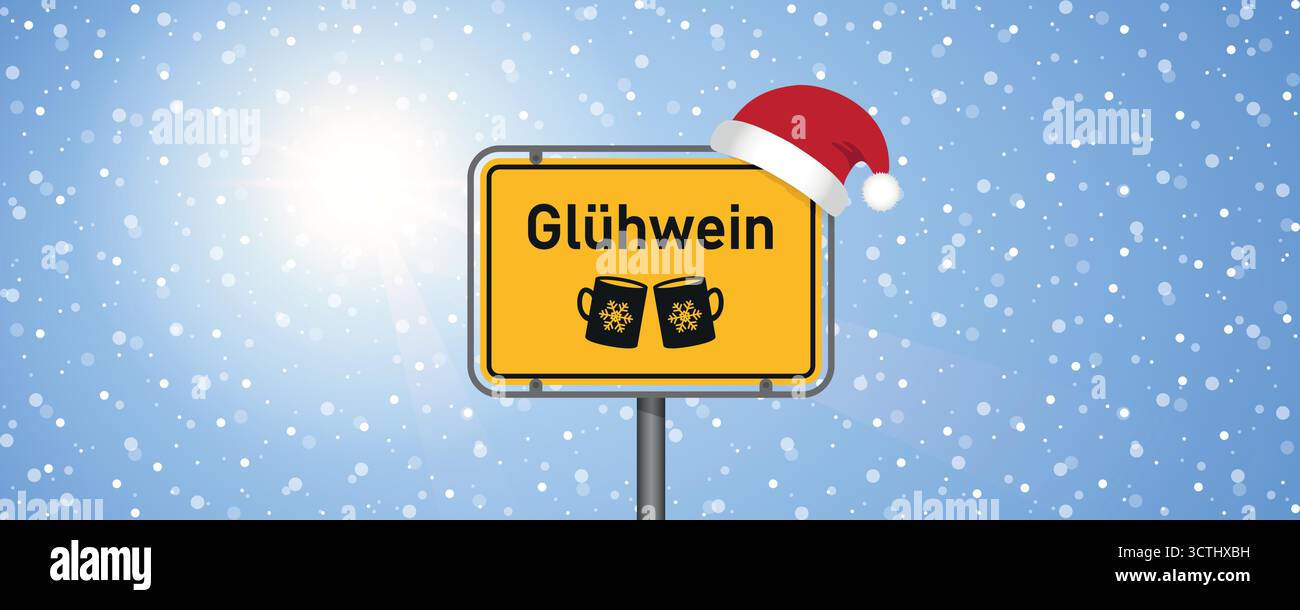 Platzieren Sie Schild mit deutschem Wort Glühwein in der verschneiten Winterlandschaft Vektor-Illustration Stock Vektor