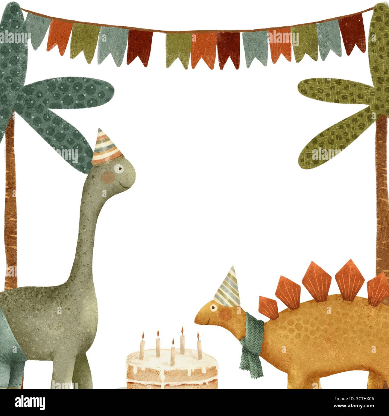 Entzückende und verspielte Dinosaurier feiern mit köstlichem Kuchen und farbenfroher Dekoration einen lustigen Geburtstag. Handgezeichnete Kindervorlage für eine Karte, Einladung, Poster mit Platz für eine Inschrift. Stockfoto