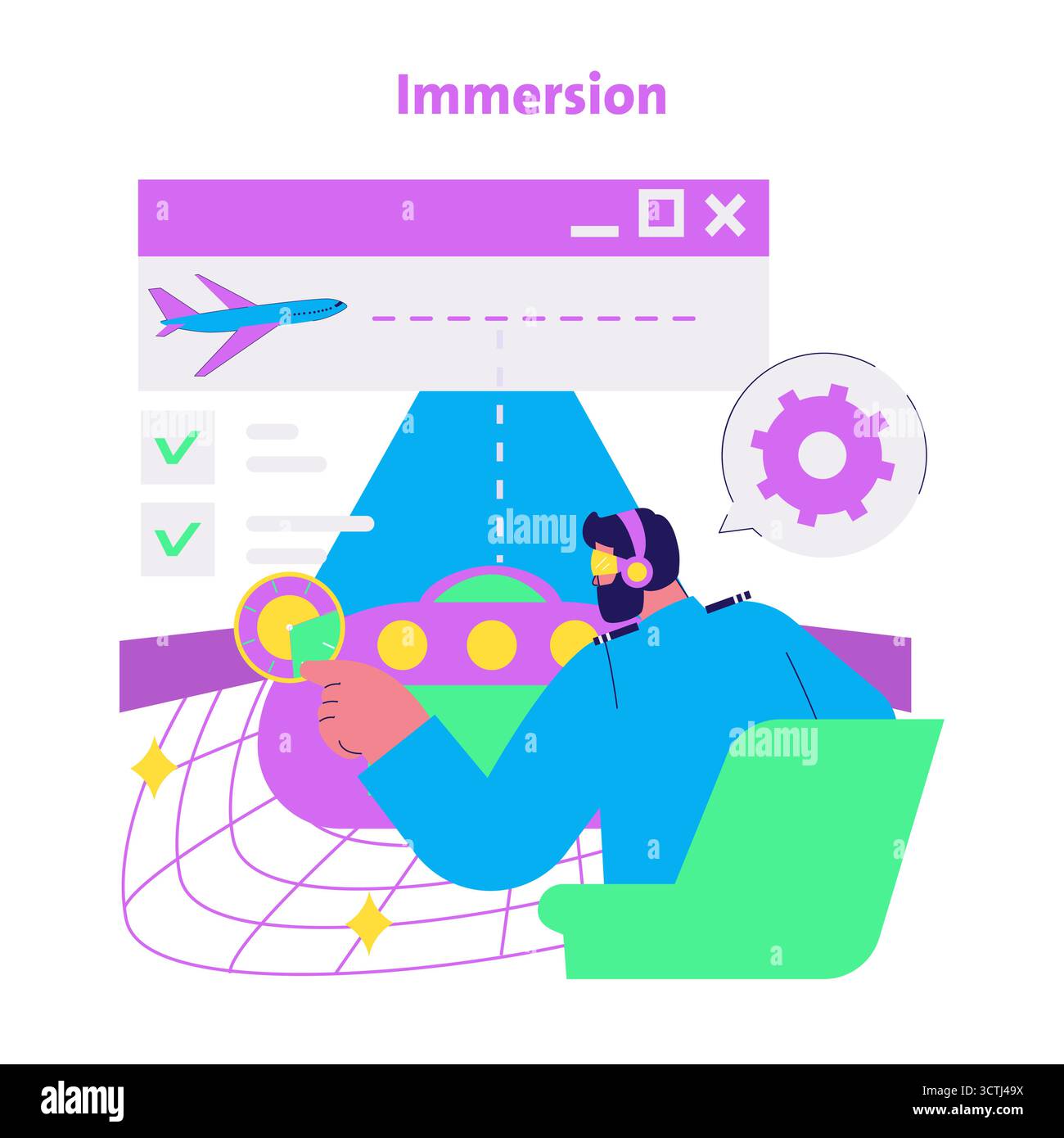 Vektor-Illustration einer Person, die sich mit einer immersiven Virtual-Reality-Pilotenausbildung befasst. Die Person konzentriert sich auf die Simulation von Flugnavigations- und Steuerungssystemen. Stock Vektor