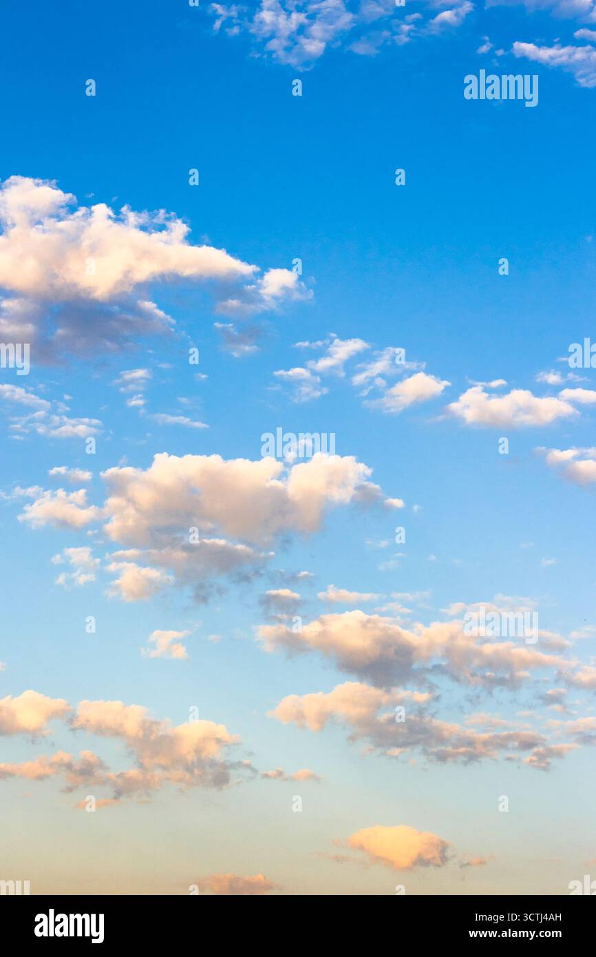 Blauer Himmel an einem sonnigen augusttag. Dynamische Wolkenbildung im Morgenlicht. Windige Wettervorhersage im Sommer. Naturfoto für Hintergrund und Compositi Stockfoto