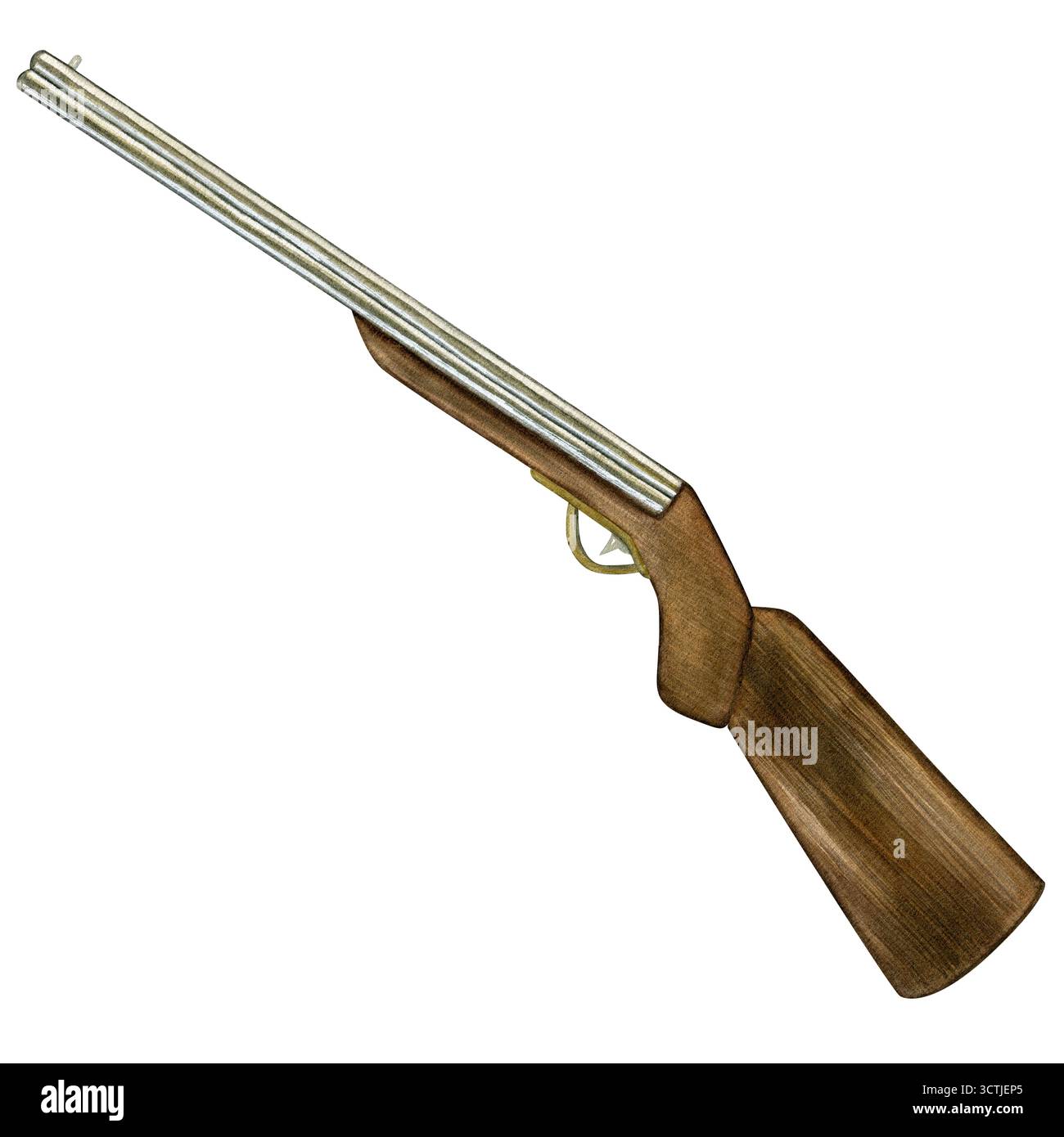 Jagdgewehr. Gewehr mit Holzschaft, Seitenansicht. Handgezeichnete Aquarellillustration auf weißem Hintergrund Stockfoto