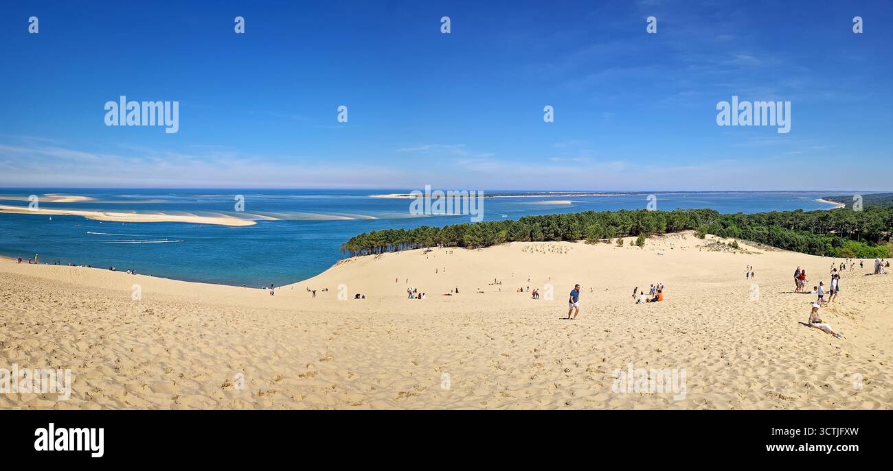 La Teste-de-Buch, Arcachon Bay, Frankreich - 9. Mai 2024: Panoramablick auf die riesige Düne von Pilat, die höchste Sanddüne Europas. Massives goldenes sa Stockfoto