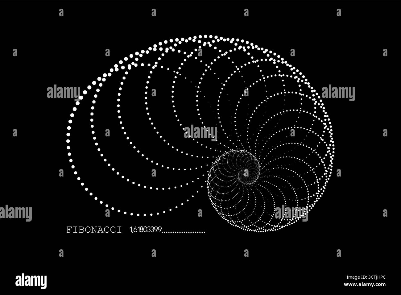 Fibonacci-Sequenzspirale. Goldenes Verhältnis. Geometrische Formen Kreise Punkte in goldener Proportion. Minimalistische Schneckenform, Nautilus Shell-Logo-Design. Stock Vektor