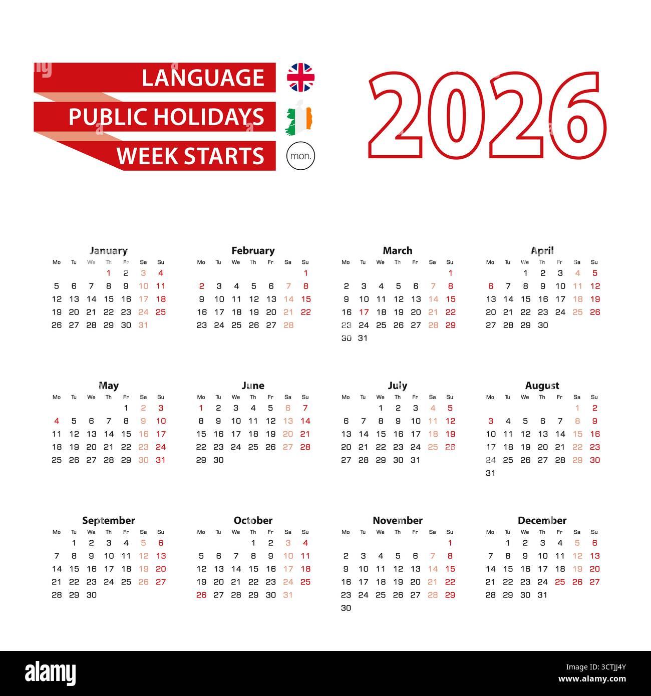 Kalender 2026 in englischer Sprache mit Feiertagen das Land Irland im Jahr 2026. Die Woche beginnt am Montag. Vektorabbildung. Stock Vektor