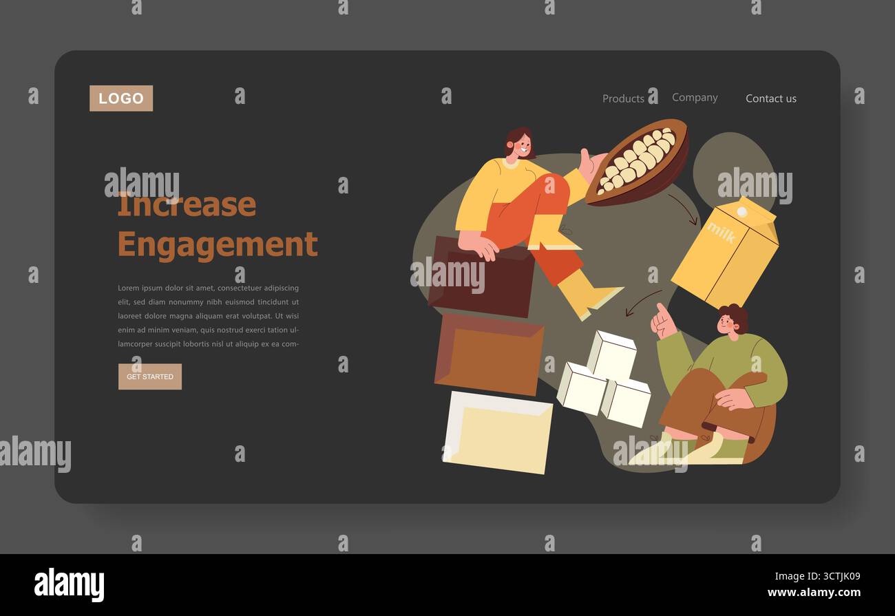 Vektor-Illustration von zwei Experten in einem kreativen Arbeitsbereich, die sich mit der geschäftlichen Zusammenarbeit beschäftigen. Die Szene umfasst verschiedene Elemente wie Milchkartons, Pakete und Kakaobohnen, die Teamarbeit symbolisieren. Stock Vektor