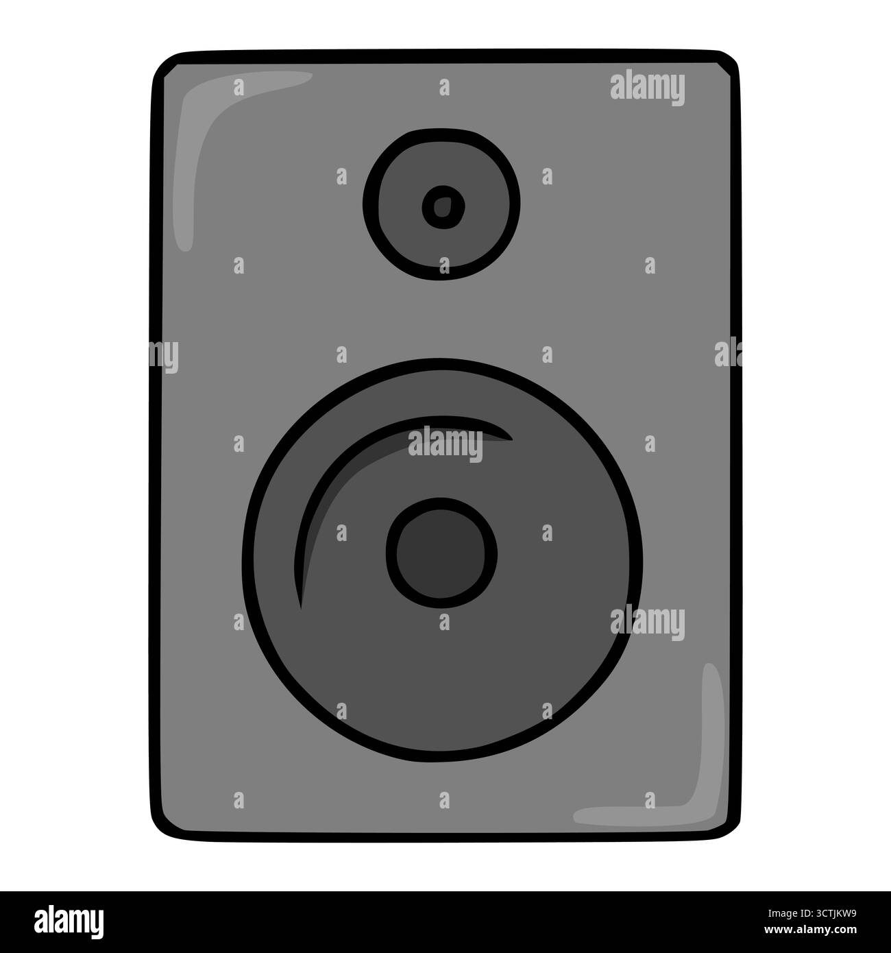 Stilisierte Vektorgrafik eines grauen Lautsprechers mit zwei unterschiedlichen Treibern, mit einer kräftigen schwarzen Kontur und dezenten Grauschattierungen für Tiefe. Stock Vektor