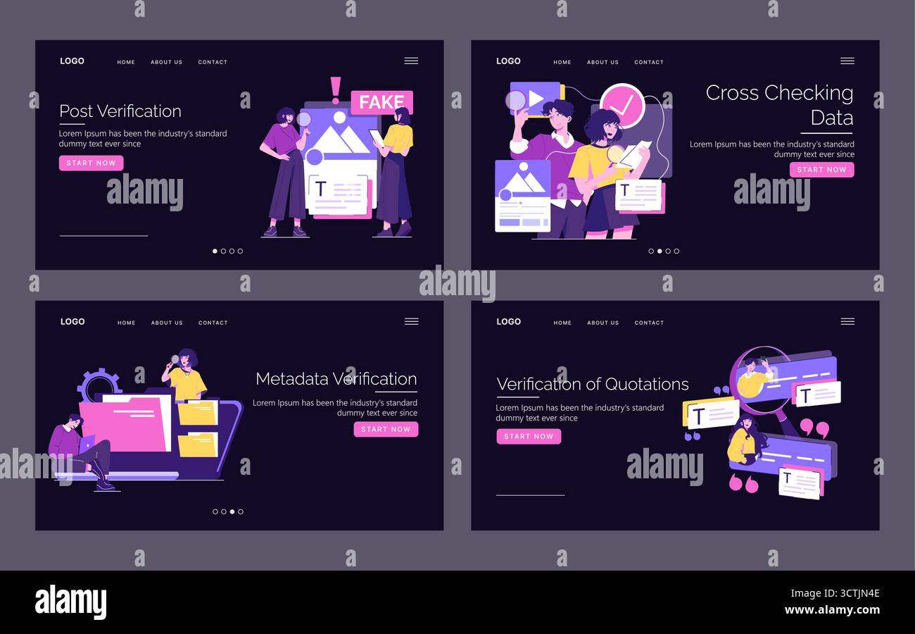 Vektorabbildungen mit digitalen Verifizierungsprozessen, einschließlich Nachverifizierung, Datenabgleich, Metadatenüberprüfung und Angebotsprüfung. Brillante Grafik unterstreicht Teamwork. Stock Vektor