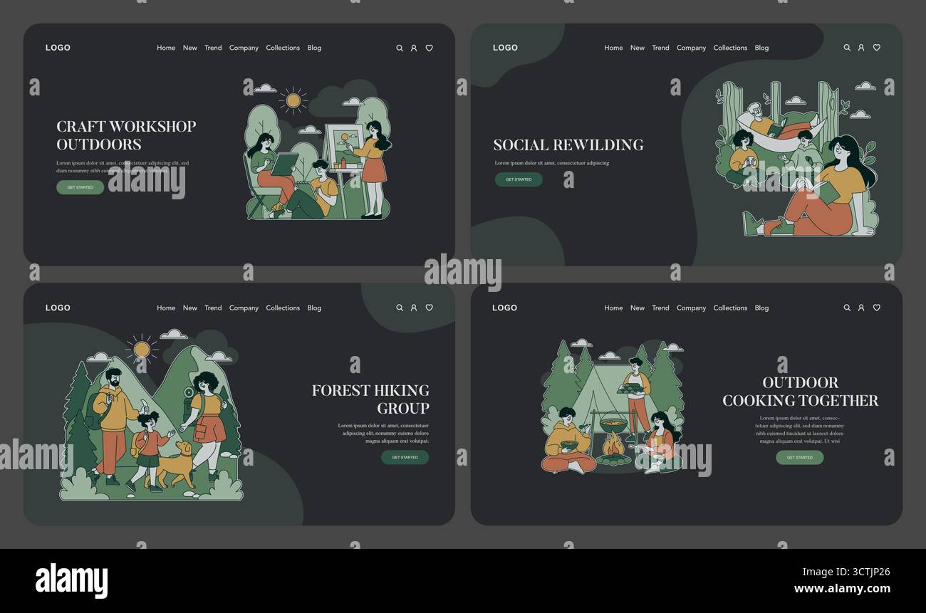 Vektor-Illustration Set, das verschiedene Outdoor-Aktivitäten zeigt. Familien und Freunde können in der Natur wandern, basteln, Kontakte knüpfen und kochen. Perfekt für Outdoor-Lifestyle-Themen. Stock Vektor