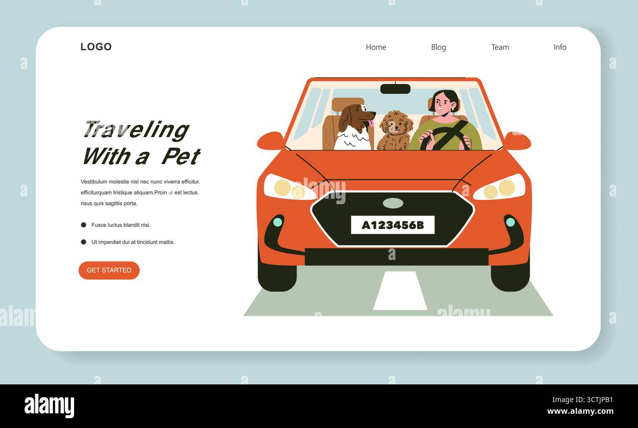 Vektor-Illustration einer Frau, die mit zwei Hunden auf dem Vordersitz fährt und eine tierfreundliche Reiseszene zeigt. Geeignet für Reiseblogs, Artikel und Websites für Haustiere. Stock Vektor