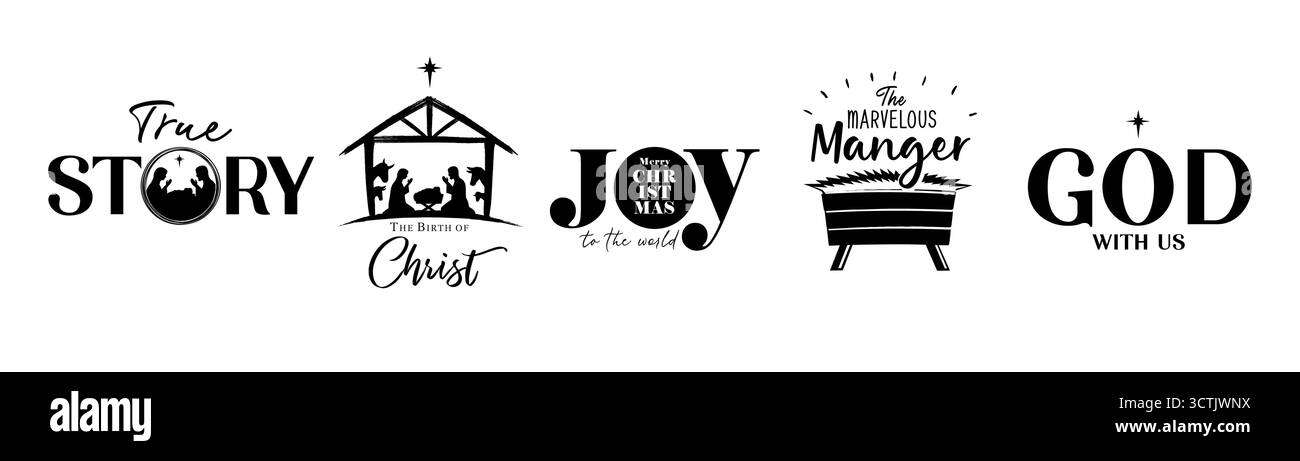 Weihnachtskrippe kreative Typografie Ikonen mit Heiliger Familie. Die wahre Geschichte, die Geburt Christi, die FREUDE, die wunderbare Krippe, GOTT mit uns Stock Vektor
