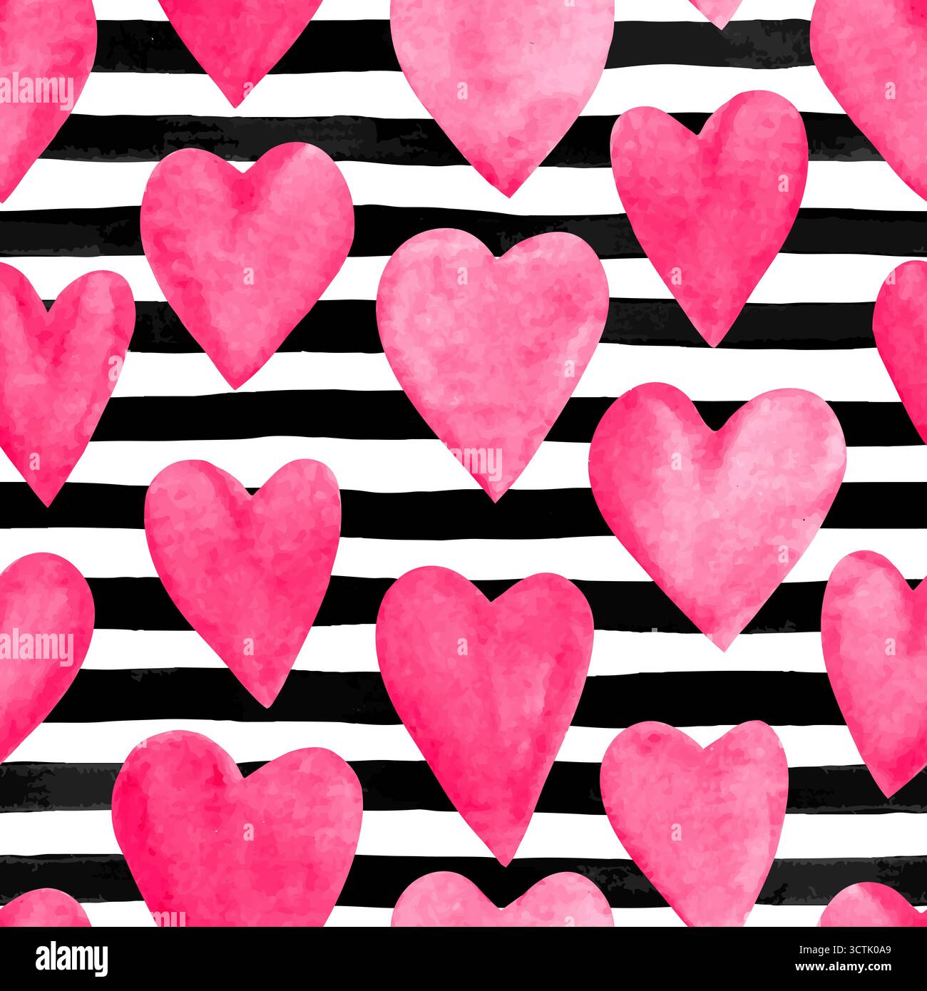 Wunderschöner nahtloser Hintergrund mit rosa Aquarellherzen auf horizontaler Tinte, schwarzen und weißen Streifen. Stock Vektor