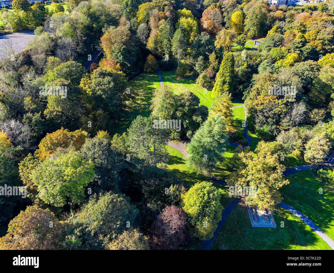 Bunte Bäume mit Herbstlaub, grüne Rasenflächen und Wege in einem sonnigen öffentlichen Park Stockfoto