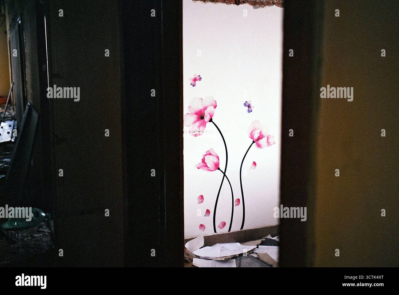 Große Blumenaufkleber an der Wand eines verlassenen Büros in einer Fabrik, die einem Abriss unterzogen wird, aufgenommen auf Film mit starkem Kontrast. Stockfoto