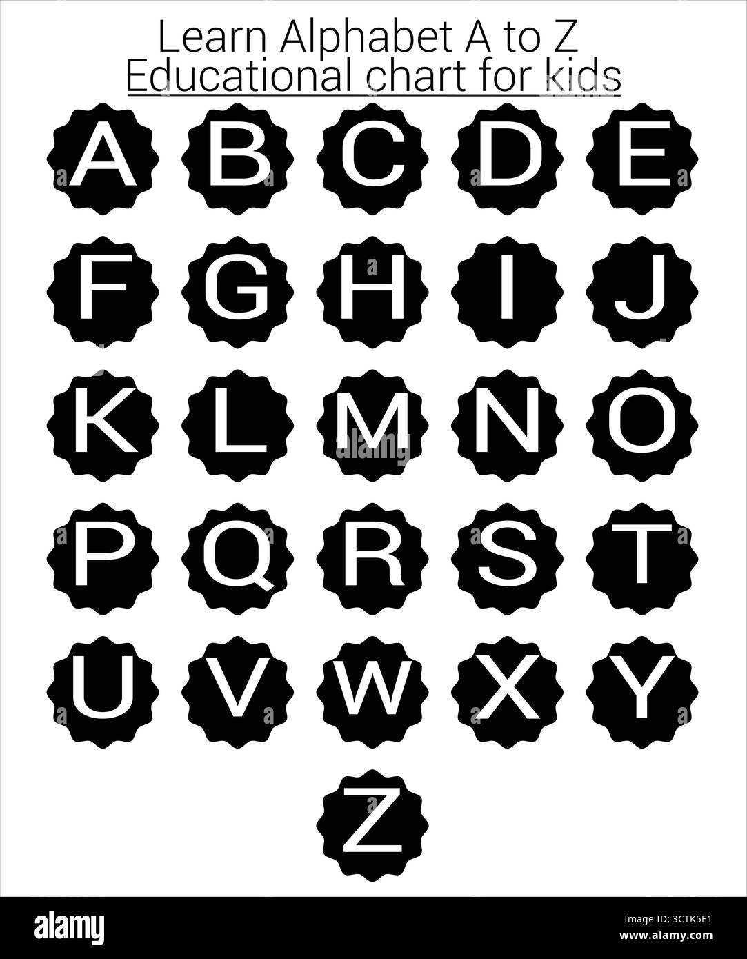 Lerne Alphabet A bis Z – Schwarzweiß-Vektordiagramm für Kinder. Perfekt für Poster, Karteikarten, Arbeitsblätter und Design-Projekte im Bildungsbereich Stock Vektor