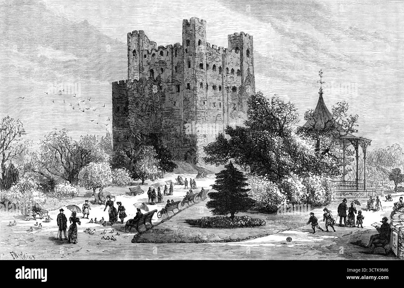 Rochester Castle und Gelände als öffentlicher Park, 1883. "Der Bürgermeister und die Corporation von Rochester kauften den Earl of Jersey für &#xa3;8000, das schöne alte Norman Castle und das angrenzende Gelände, das seit einigen Jahren als Pacht gehalten und als öffentlicher Vergnügungsgarten genutzt wurde. In der Mittwochwoche wurde die Kaufurkunde ordnungsgemäß unterzeichnet und versiegelt, ...it wurde für immer zum Eigentum der Stadt erklärt. Die Lage am Ufer des Medway, in der Nähe der Kathedrale, ist sehr schön, und das Gelände ist gut angelegt; während der alte quadratische Turm, oder Donjon, im Jahre 1077 von erbaut Stockfoto