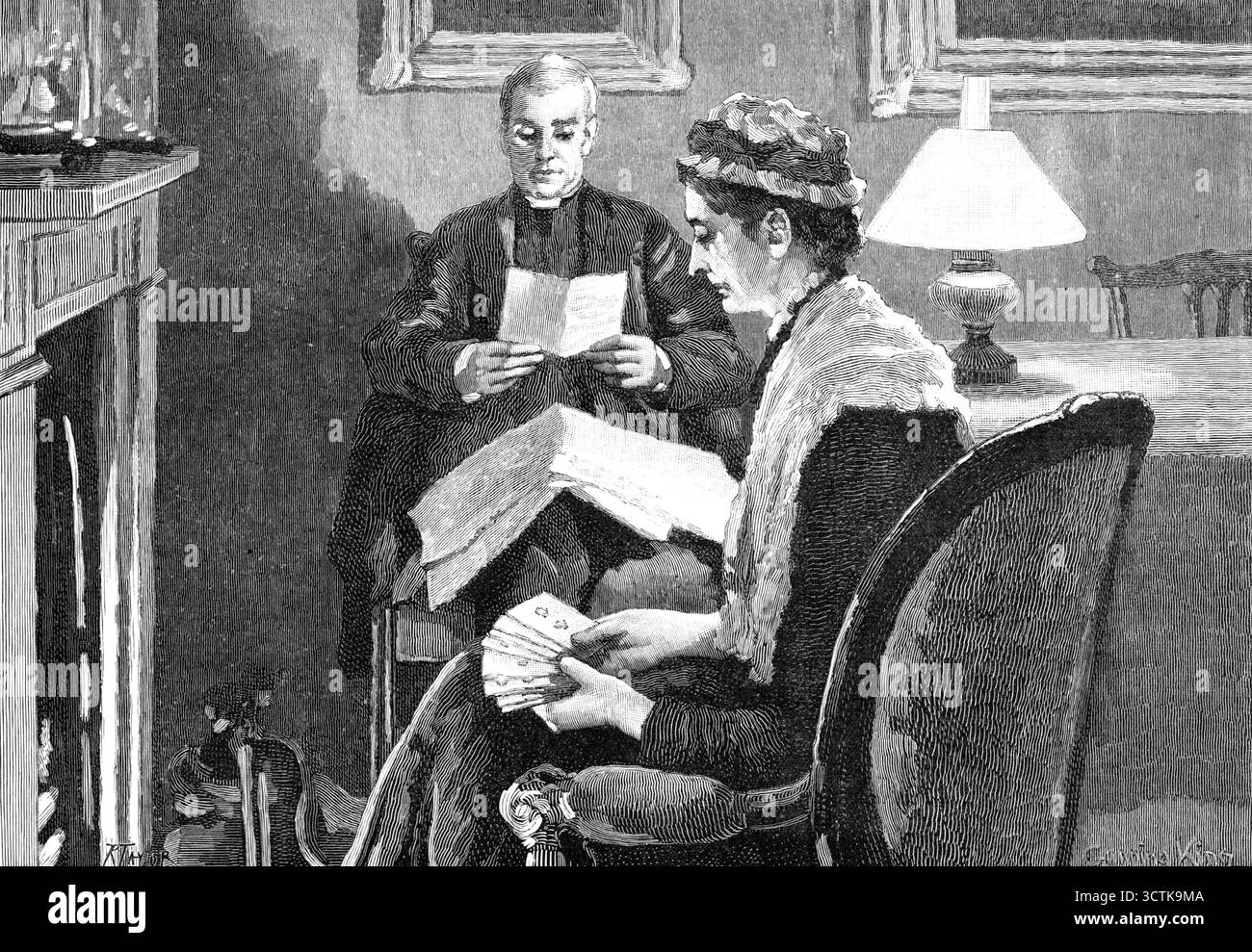 An einem bestimmten Abend saß der Kanon mit seiner Schwester, wie immer... 1883. '…- aber nicht, wie üblich, in seinen Büchern. Er las zum dritten und vierten Mal einen Brief, der an diesem Nachmittag von seinem lieben Jungen kam. Illustration zu „The Canon's Ward“ von James Payn, einer Kurzgeschichte, die in wöchentlichen Raten veröffentlicht wurde. Aus Illustrated London News, 1883. Stockfoto