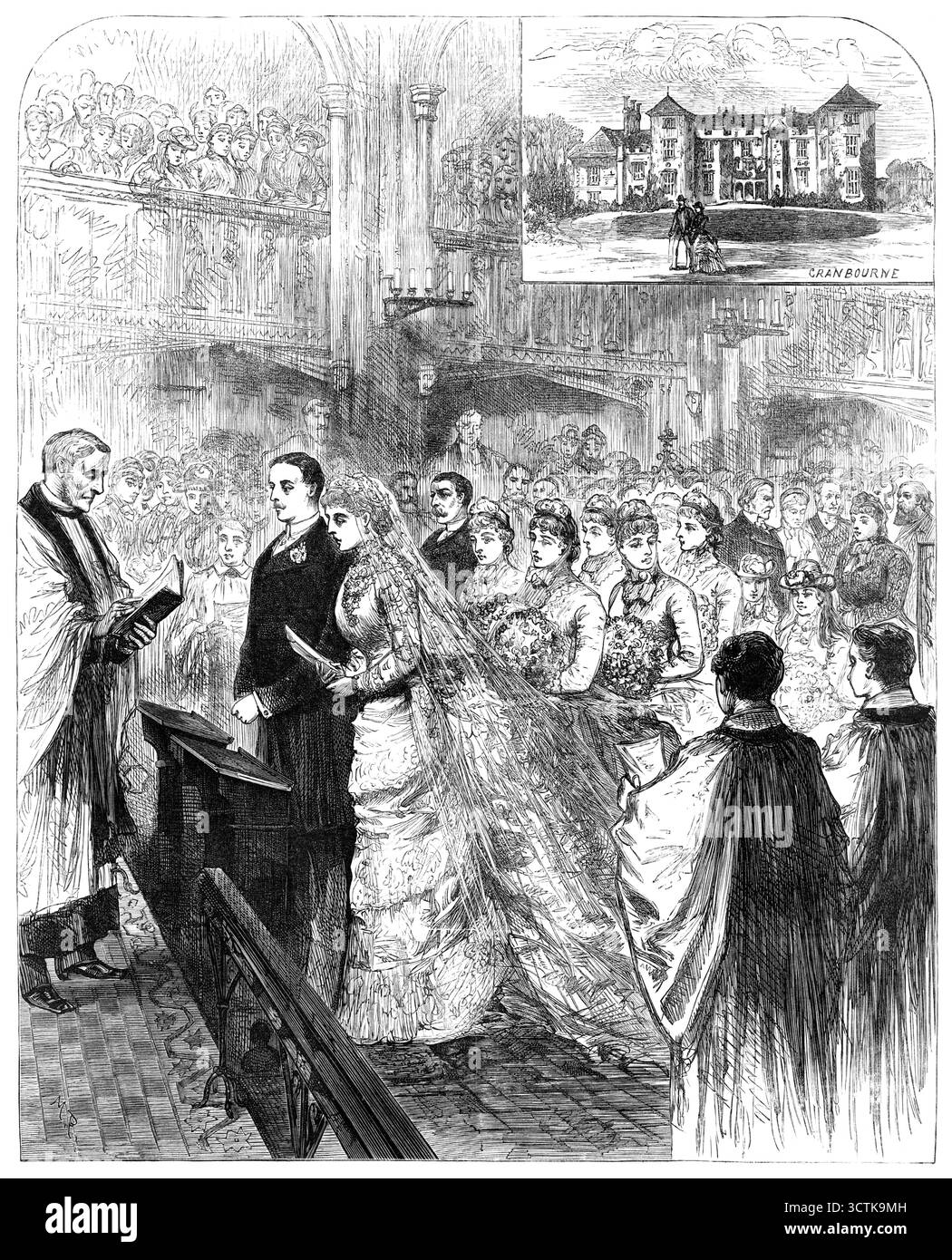 Heirat des Sohnes von Lord Selborne mit der Tochter des Marquis of Salisbury, 1883. Eine Versammlung von angesehenen und modischen Persönlichkeiten... (in St. Andrew's, Wells-Street, wurde Zeuge der Hochzeit von Viscount Wolmer, dem einzigen Sohn des Earl of Selborne, Lord High Chancellor von England, mit Lady Beatrix Maud Cecil, der älteren Tochter des Marquis von Salisbury: Eine eheliche Allianz zwischen den beiden Familien eines bedeutenden Mitglieds der Opposition, die von Mr. Gladstone überleen ist Stockfoto