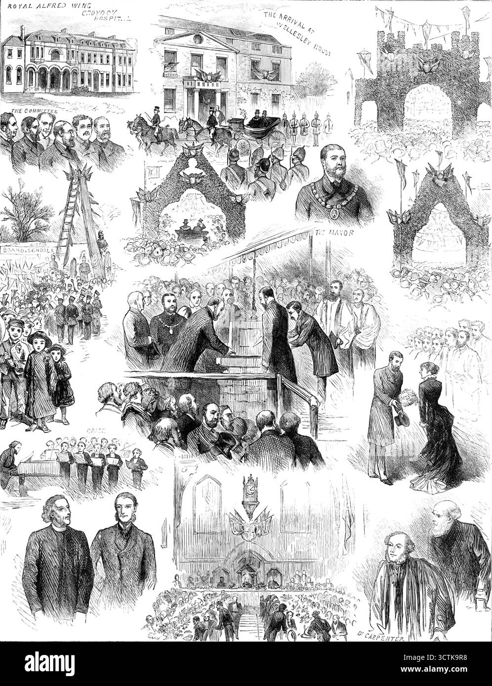 Der Besuch des Herzogs von Edinburgh in Croydon, 1883. Royal Alfred Wing, Croydon Hospital; die Ankunft im Wellesley House; das Komitee; der Bürgermeister; Grace; Dr. Carpenter... der Herzog von Edinburgh kam... um den Gedenkstein für den neuen Nordflügel des Croydon General Hospital zu legen. Er wurde empfangen... vom Bürgermeister von Croydon, Mr. J. Spencer Balfour... es gab eine Prozession... nach Wellesley House, der Residenz des Bürgermeisters. Die gesamte Route war mit venezianischen Masten mit Schilden und Trophäen geschmückt, während Fahnen über die Straßen hängten und schöne Triumphbögen aus Lorbeeren und Stockfoto