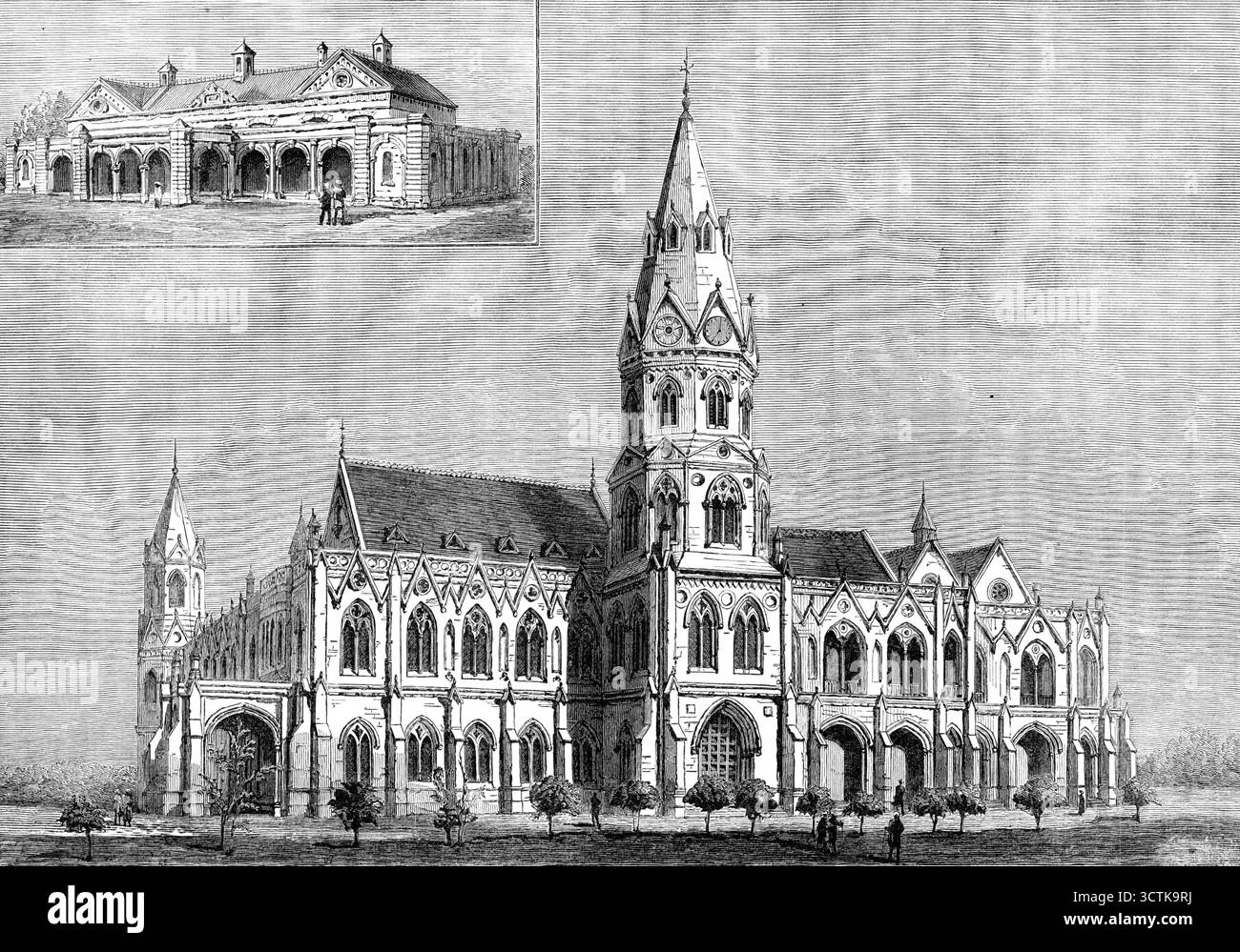 Das Government College und das Oriental College, Lahore, mit der Senate Hall der Punjaub University, 1883. „Ein Merkmal von großem Interesse und Bedeutung für die soziale Lage Indiens unter der britischen Regierung ist die Bereitschaft der Oberschicht der Eingeborenen... für die Bildung ihres eigenen Volkes freizügig zu sorgen... Dr. G. W. Leitner, der vollendete und unermüdliche Direktor, früher Professor für orientalische Sprachen am King's College in London... Der erste Direktor des Colleges in Lahore... Er fühlte die Bedeutung... das Studium der klassischen Sprachen von in wiederzubeleben Stockfoto