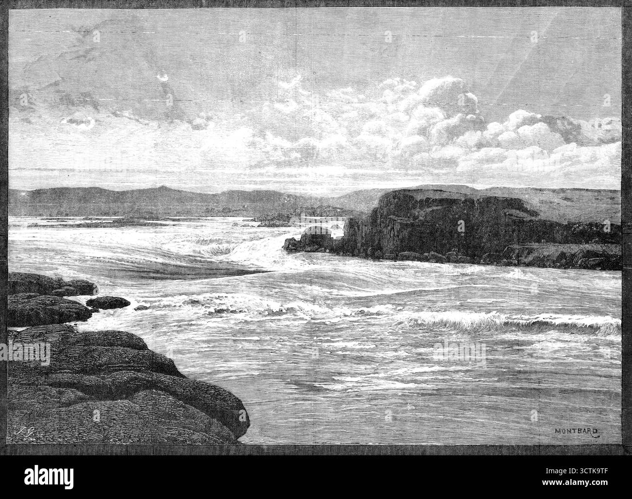 Der erste Katarakt des Nils, in der Nähe der Insel Philae, 1883. Das lange und schmale Tal Oberägyptens endet mit der Stadt Assouan, dem "ersten Katarakt", der eher als Lower Rapids bezeichnet werden sollte, und den Tempeln von Philae... viele englische Touristen fahren den Nil hinauf nach Philae und kennen die Szene, die in unserem Sketch dargestellt wird. Eine sehr genaue Beschreibung gibt Mr. Julian Arnold in seiner Erzählung über die viermonatige Nilreise namens "Palmen und Tempel". Wir zitieren Mr. Arnolds Beschreibung Stockfoto