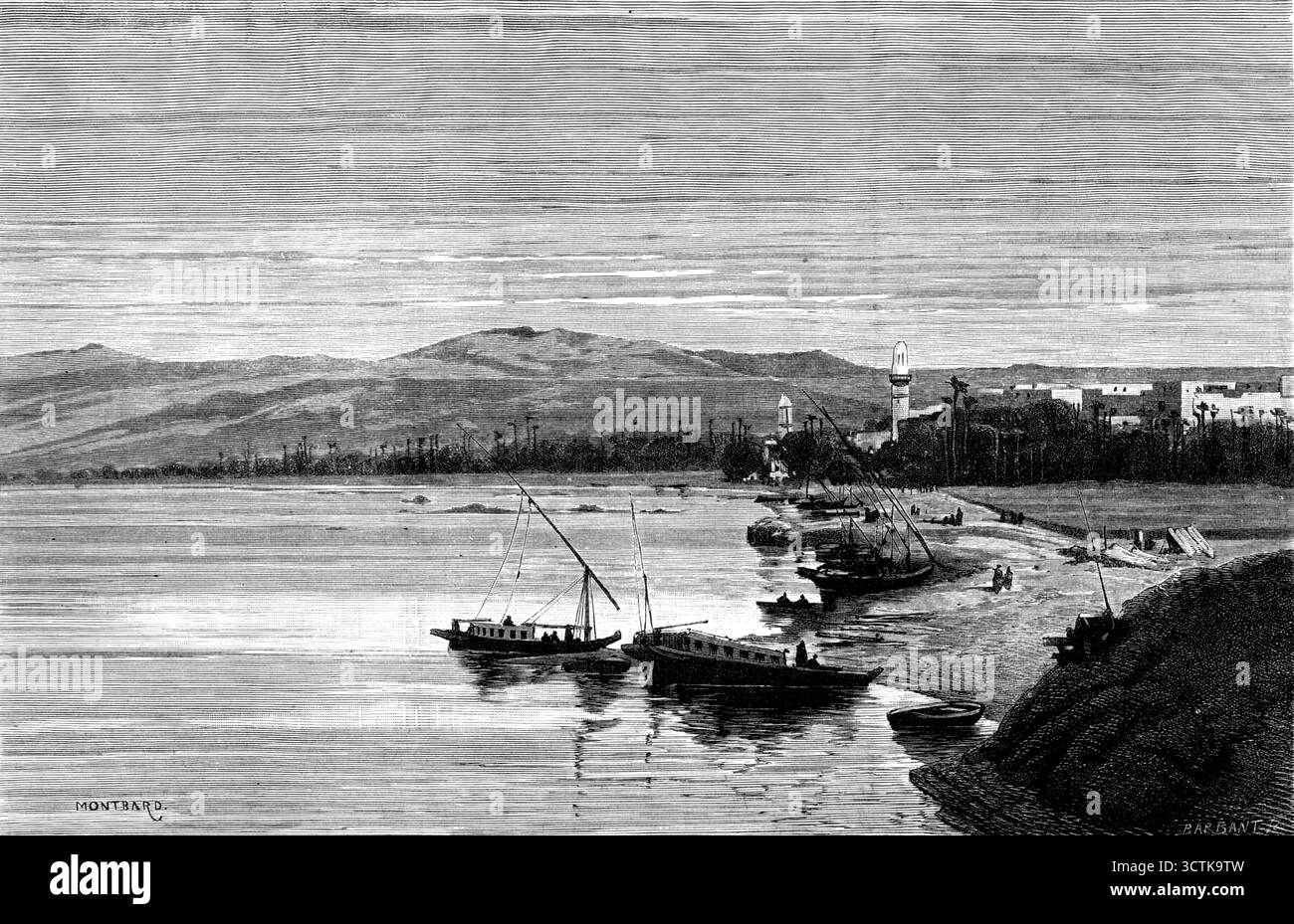 Skizzen von Oberägypten: Assouan, aus dem Süden, 1883. "Die Landschaft Oberägyptens - die oberhalb von Theben auf das enge Niltal begrenzt ist - ändert sich plötzlich in der Annäherung an Assouan, die antike Syene, eine Stadt und ein Flusshafen an der nubischen Grenze, die zwischen Palmenhainen am Ostufer und der grünen Insel Elephantine liegt. Riesige Felsen aus schwarzem Granit, oder Syenit, liegen im Flussbett oberhalb von Assouan und an einigen Stellen an seinen Ufern, deren Aussehen nach den monotonen Schlammbänken des unteren Nil überraschender ist. Die Aussicht auf dieses Hotel ist nichtig Stockfoto