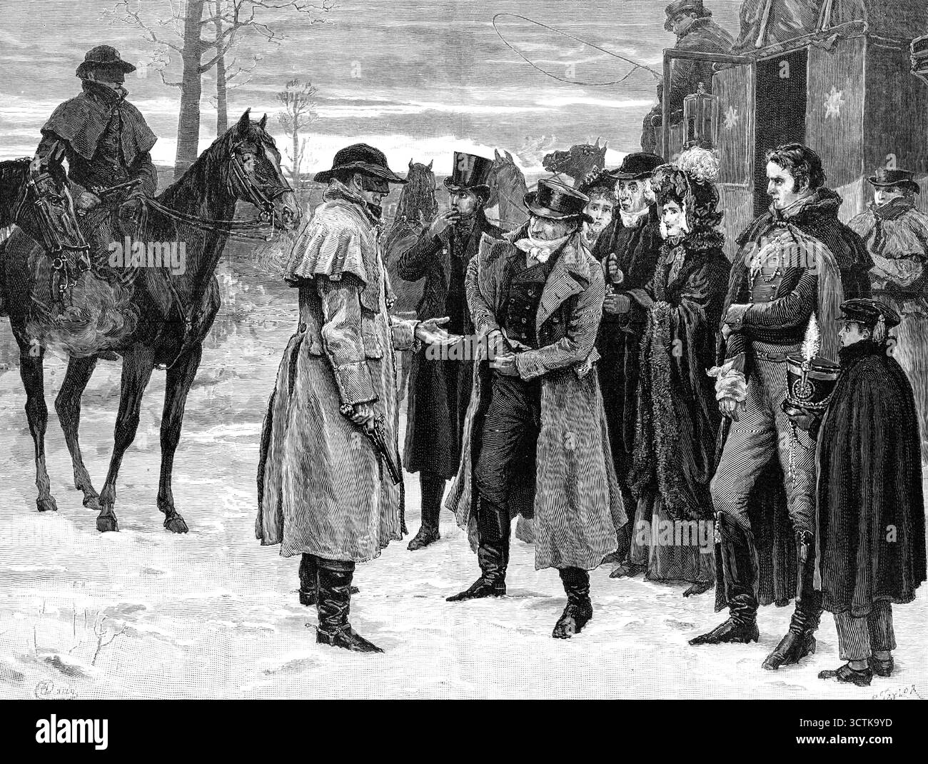 The King's Highway, gezeichnet von F. Dadd, 1883. "In jenen sehr guten alten Tagen... als der ungültige Offizier aus dem Krieg auf der Halbinsel in Dover von seinem Vater, dem Rektor, mit seiner Mutter, Schwester und der kleinen brother...it getroffen wurde, war es für die Reisende Gruppe durchaus möglich, ein unangenehmes Abenteuer auf der Straße zu erleben... es gab [auch] zwei Passagiere von außen, einen Anwalt und einen Bauern, jeder trug eine hübsche Summe Geld... während der Major gerade sein Gehalt abgezogen hatte. so dass die Gesamtmenge der Plünderungen für die Straßenfahrer fast tausend Guineen betragen würde. Ein paar dieser romantischen Schurken, auf feinem Blott Stockfoto