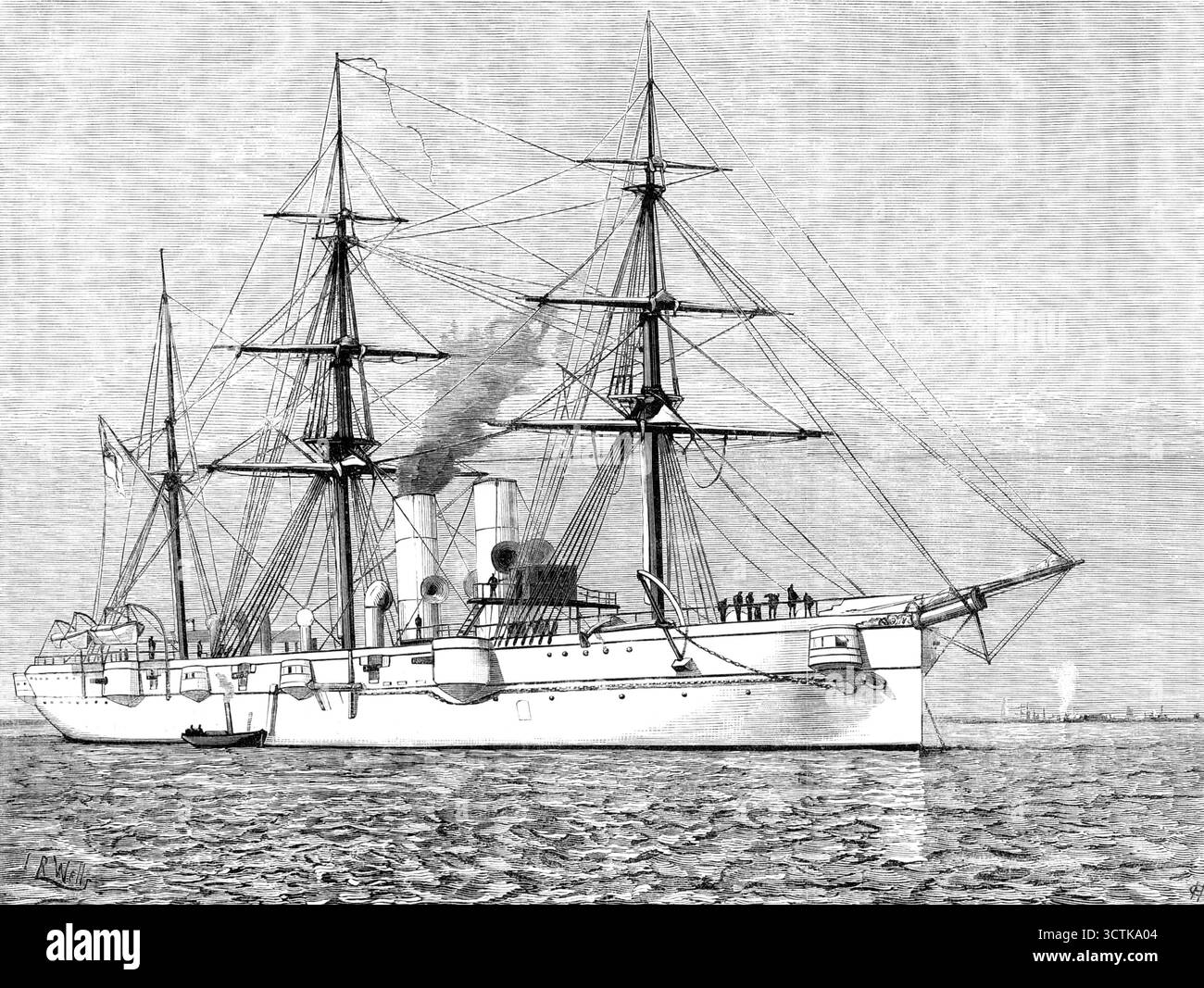 H.M.S. Leander, 1883. "Dieses neue Schiff, das von den Herren Napier and Sons aus Glasgow gebaut wird, ist ein Beispiel für eine Klasse, in der einige Vorkehrungen getroffen wurden, um das Fehlen einer Panzerung durch wasserdichte Unterteilungen auszugleichen und die Kohle so zu platzieren, dass die lebenswichtigen Teile des Schiffes geschützt werden; es ist aber auch mit einer Abwehr gegen vertikales Granatfeuer ausgestattet, in Form eines Stahlschutzdecks 1½ in. Dick, erstreckt sich über die Motoren, Kessel und Magazine. Das gepanzerte Deck muss sich etwas unterhalb des Wasserspiegels an der Mittellinie befinden und nach unten gebogen sein, um Co zu sein Stockfoto