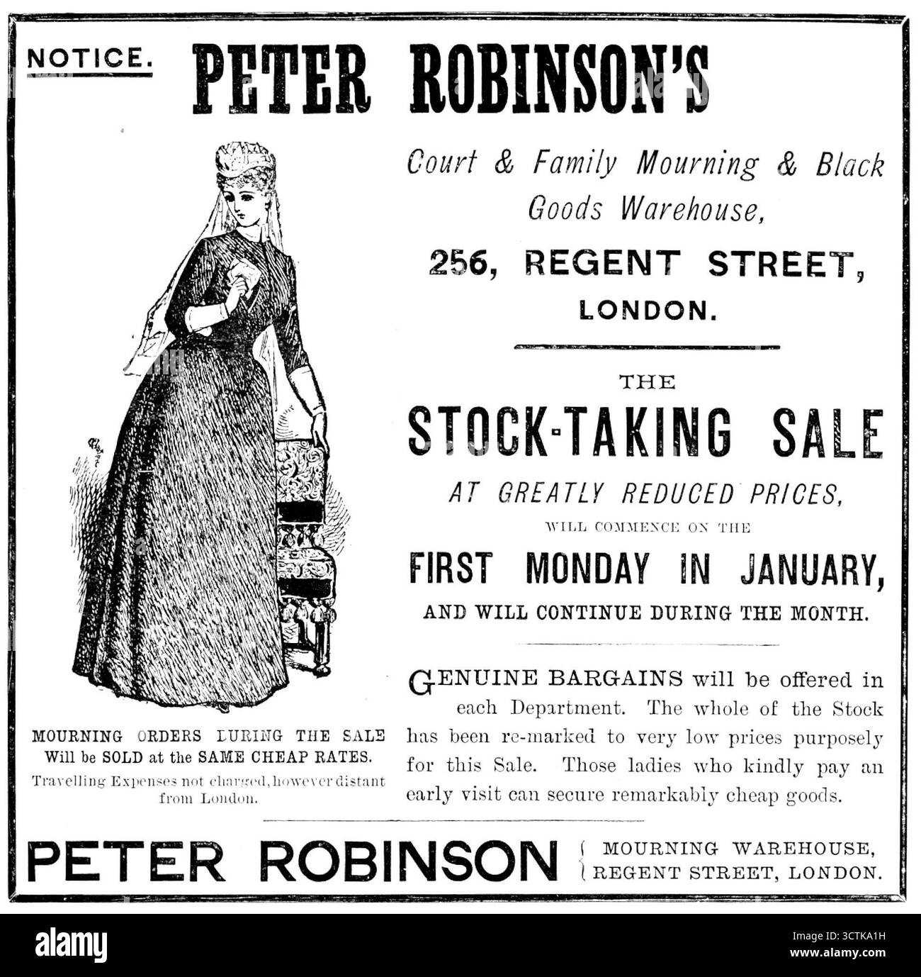 Werbung für Peter Robinson, 1890. „HINWEIS. PETER ROBINSON's Court &amp; Family Mourning &amp; Black Goods Warehouse, 256, REGENT STREET, LONDON. DIE BESTANDSAUFNAHME ZU STARK REDUZIERTEN PREISEN BEGINNT AM ERSTEN MONTAG IM JANUAR UND WIRD IM LAUFE DES MONATS FORTGESETZT. In jeder Abteilung werden ECHTE SCHNÄPPCHEN angeboten. Der gesamte Lagerbestand wurde absichtlich für diesen Verkauf zu sehr niedrigen Preisen neu gekennzeichnet. Die Damen, die freundlicherweise einen frühen Besuch abstatten, können sich bemerkenswert billige Waren sichern. TRAUERAUFTRÄGE WÄHREND des Verkaufs werden zu den GLEICHEN GÜNSTIGEN PREISEN VERKAUFT. Reisekosten werden nicht berechnet Stockfoto