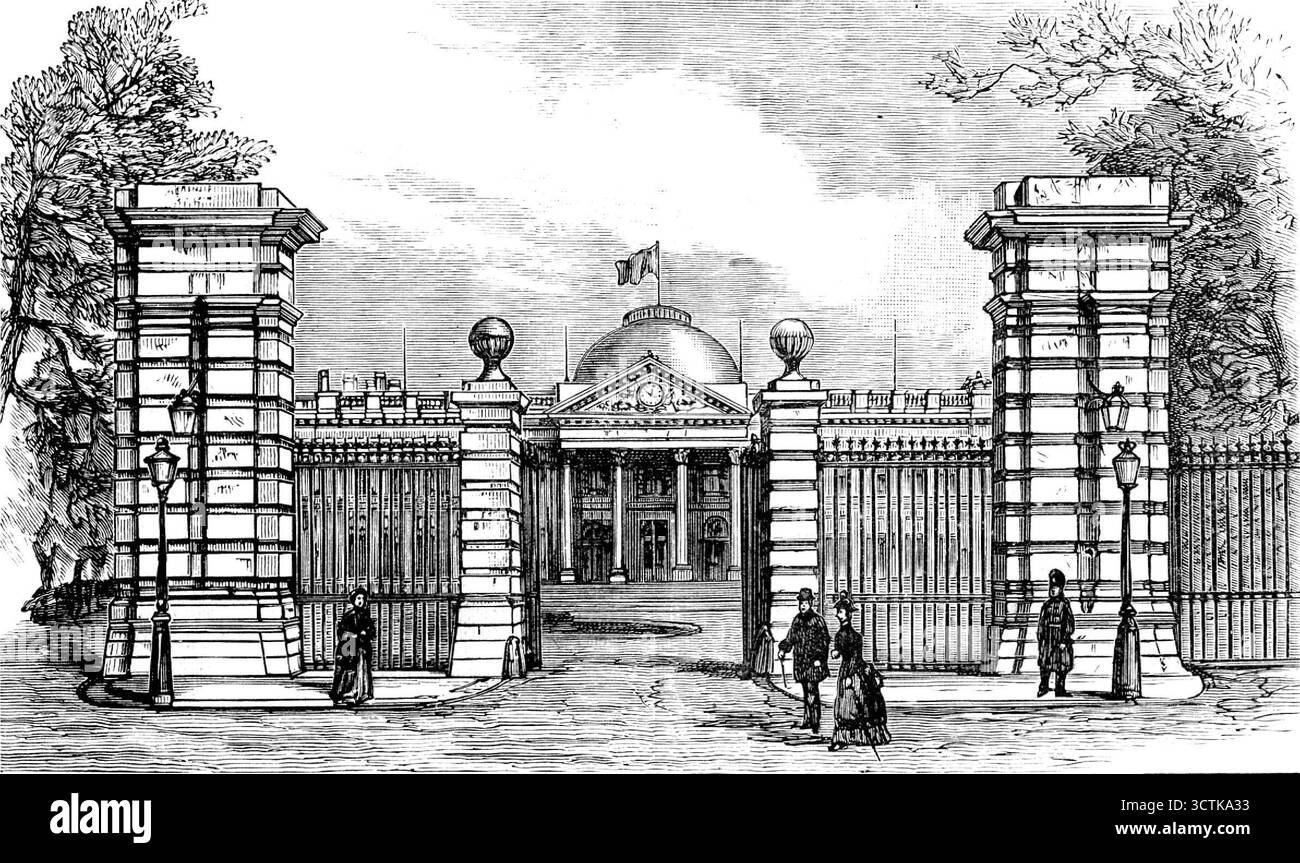 Der Königspalast von Laeken, Brüssel, durch Feuer zerstört: Eingang zum Palast, 1890. "Das Palace war wunderschön gelegen auf einer Eminenz in einem großen Park unweit von Brüssel. Das Gebäude bestand aus zwei Flügeln, die von einer Kolonnade verbunden wurden, über der eine große Kuppel aufragte... vor dem Gebäude eine schöne Rasenfläche... die natürliche Schönheit des Geländes wird durch die Anwesenheit einer Orangerie, eines Theaters, Pavillons und anderer ornamentaler Strukturen verstärkt. Der österreichische Erzherzog Karl Albert war der Designer des Palastes, das 1782 nach der Annexion durch Frankreich, Napoleon I. occasi, errichtet wurde Stockfoto